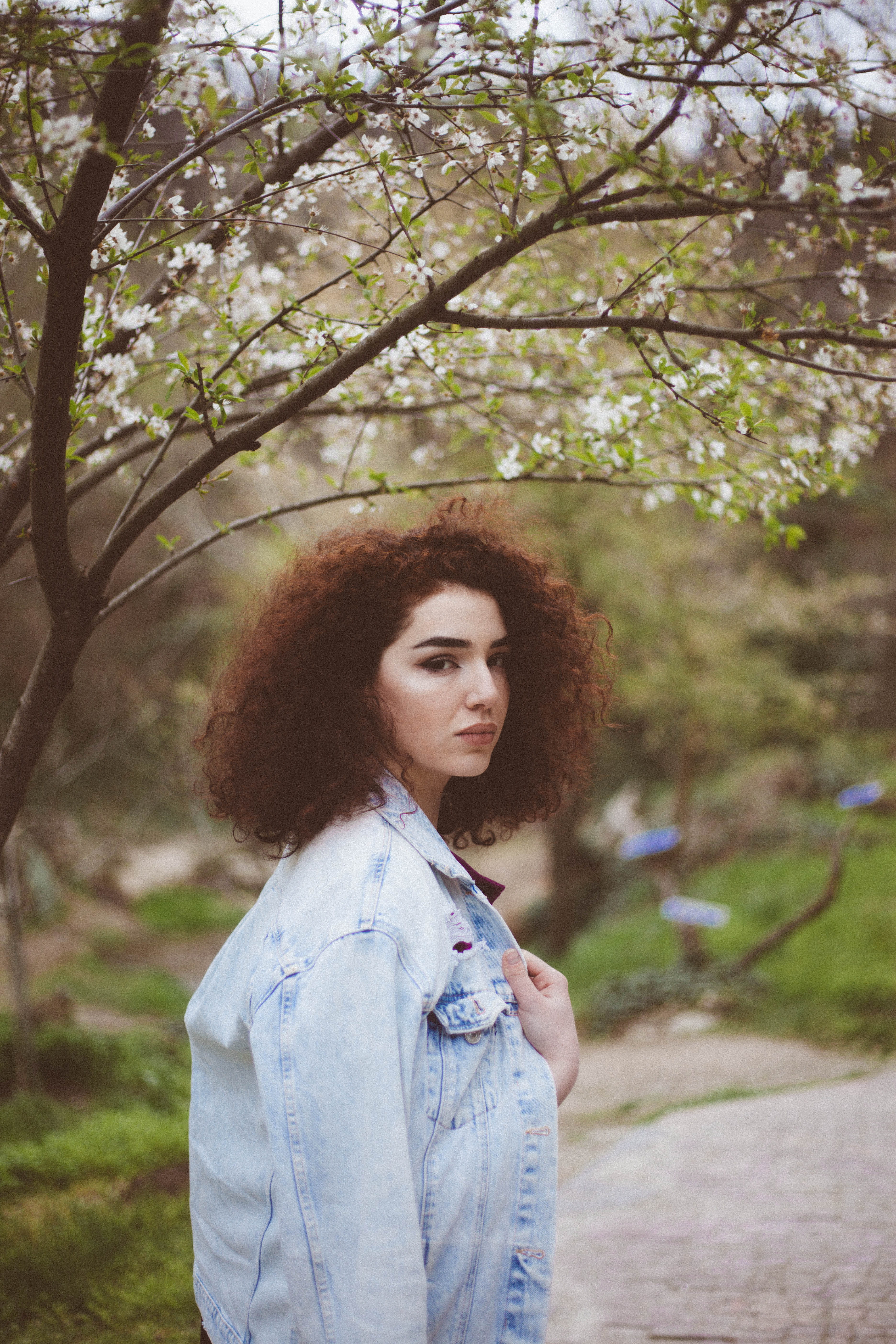 brunette, focus on foreground, real people, adult, contemplation, 5K, life, curly, one person, girl, hair, blossom, wearing, tree, hairstyle, lifestyles, Phone HD Wallpaper