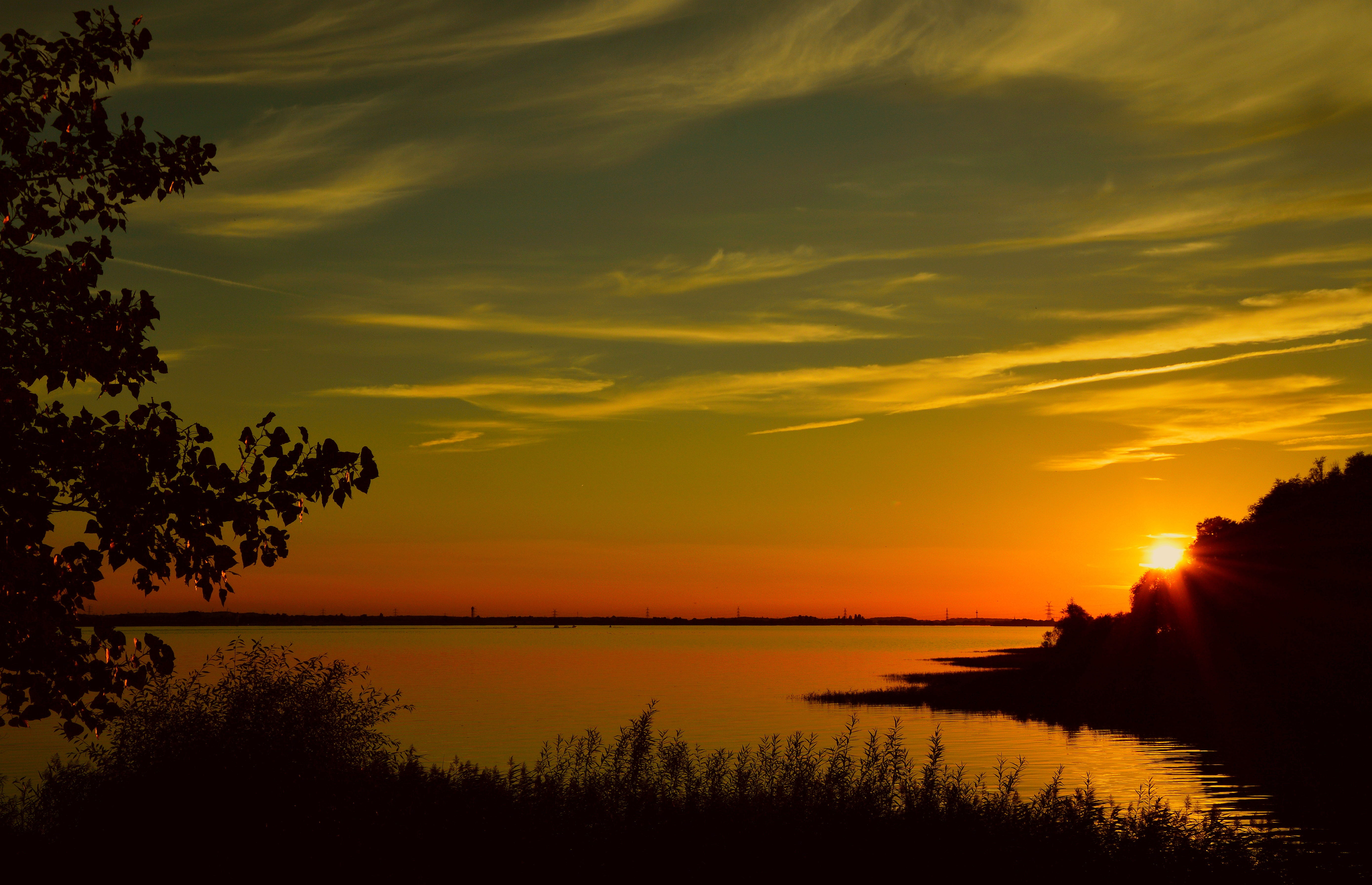 no people, cloud - sky, schönwetter, sun, sunset, 5K, water, silhouette, abendstimmung, evening sky, landscape, summer, horizontal, outdoors, twilight, HD Wallpaper