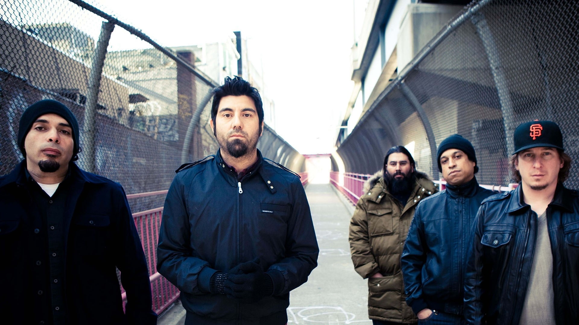young men, group, looking at camera, Deftones, clothing, group of people, hood - clothing, architecture, 1080P, Bridge, waist up, Outdoor, portrait, Jackets, HD Wallpaper