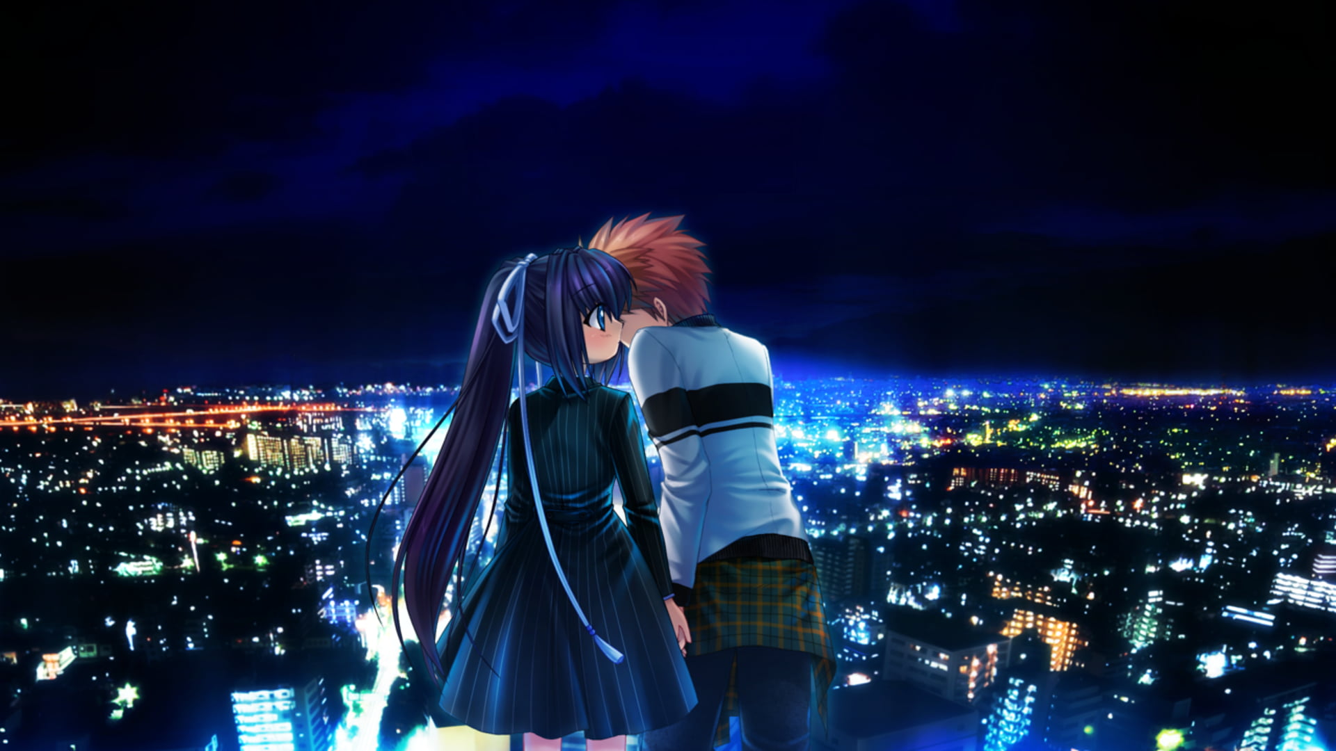 cityscape, office building exterior, hair, architecture, leisure activity, women, city, anime girls, night, rear view, Rewrite, people, hairstyle, nature, HD Wallpaper