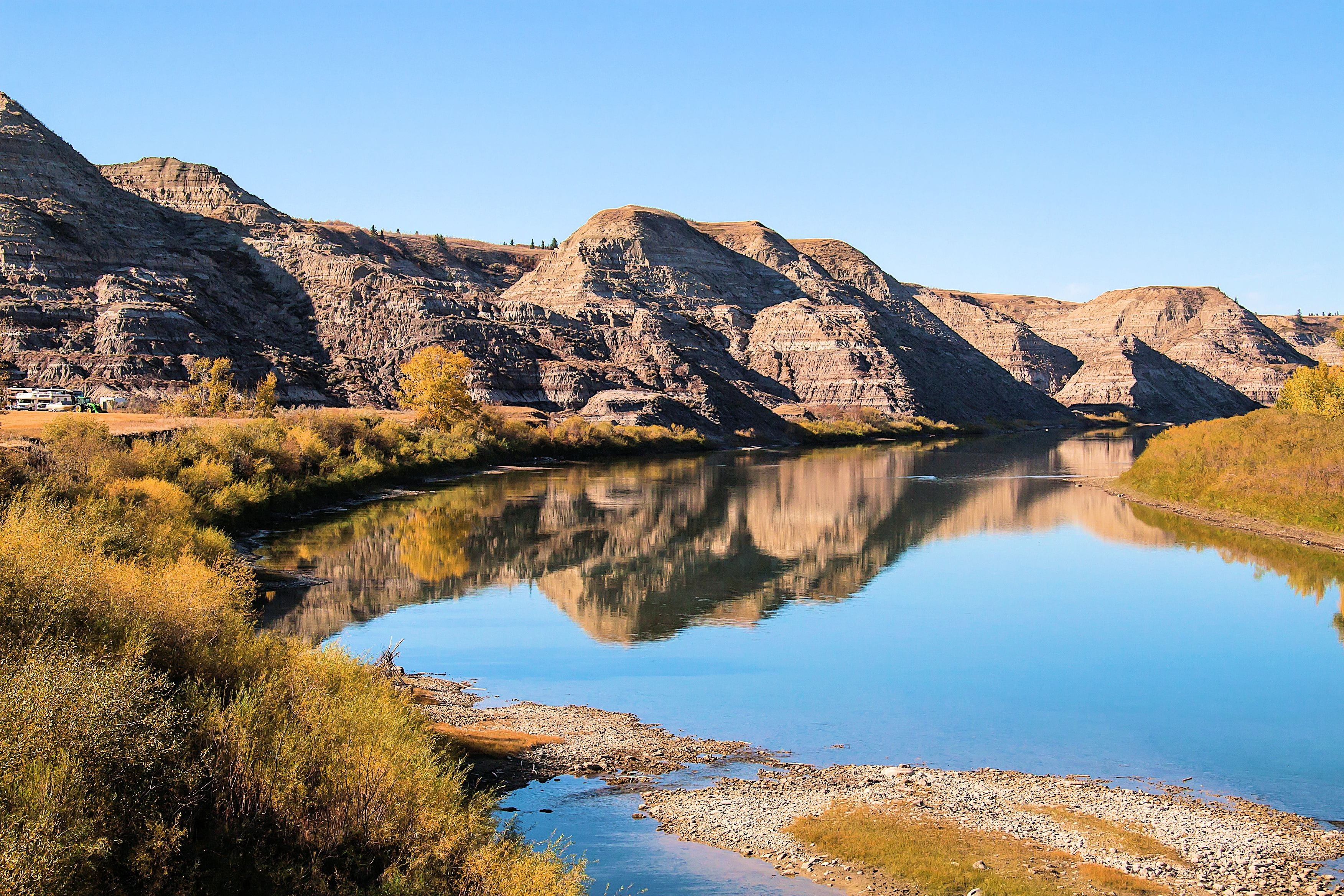 reflection, landscape, hills, environment, bluegrass, mountain range, outdoors, lake, scenics, Sky, solid, Summer, water, rock - object, bright, no people, HD Wallpaper