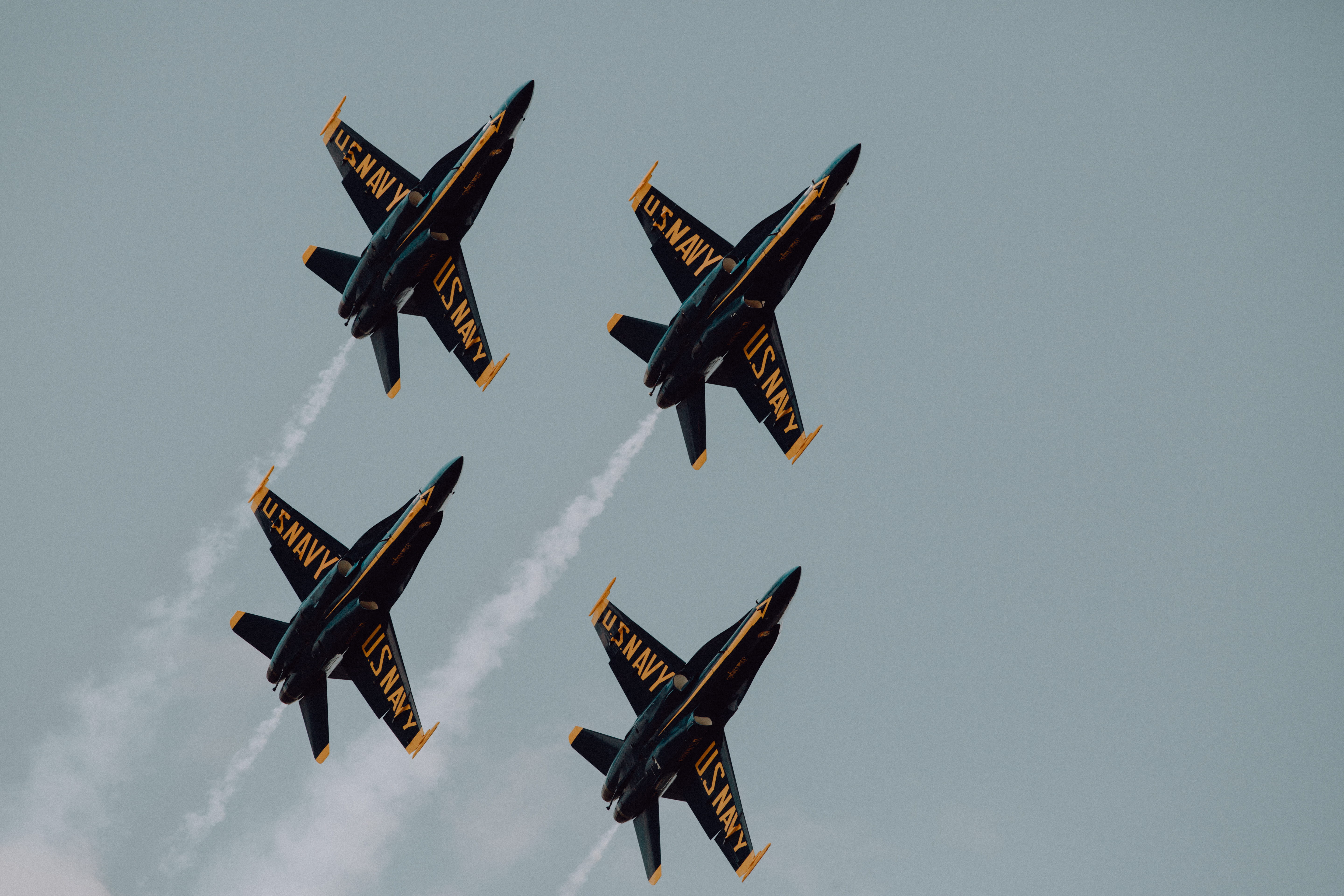 flight, formation, sky, mid-air, trail, 5K, yellow, transport, travel, flying, no people, annapolis, blue angel, military, day, airplane, plane, air force, HD Wallpaper