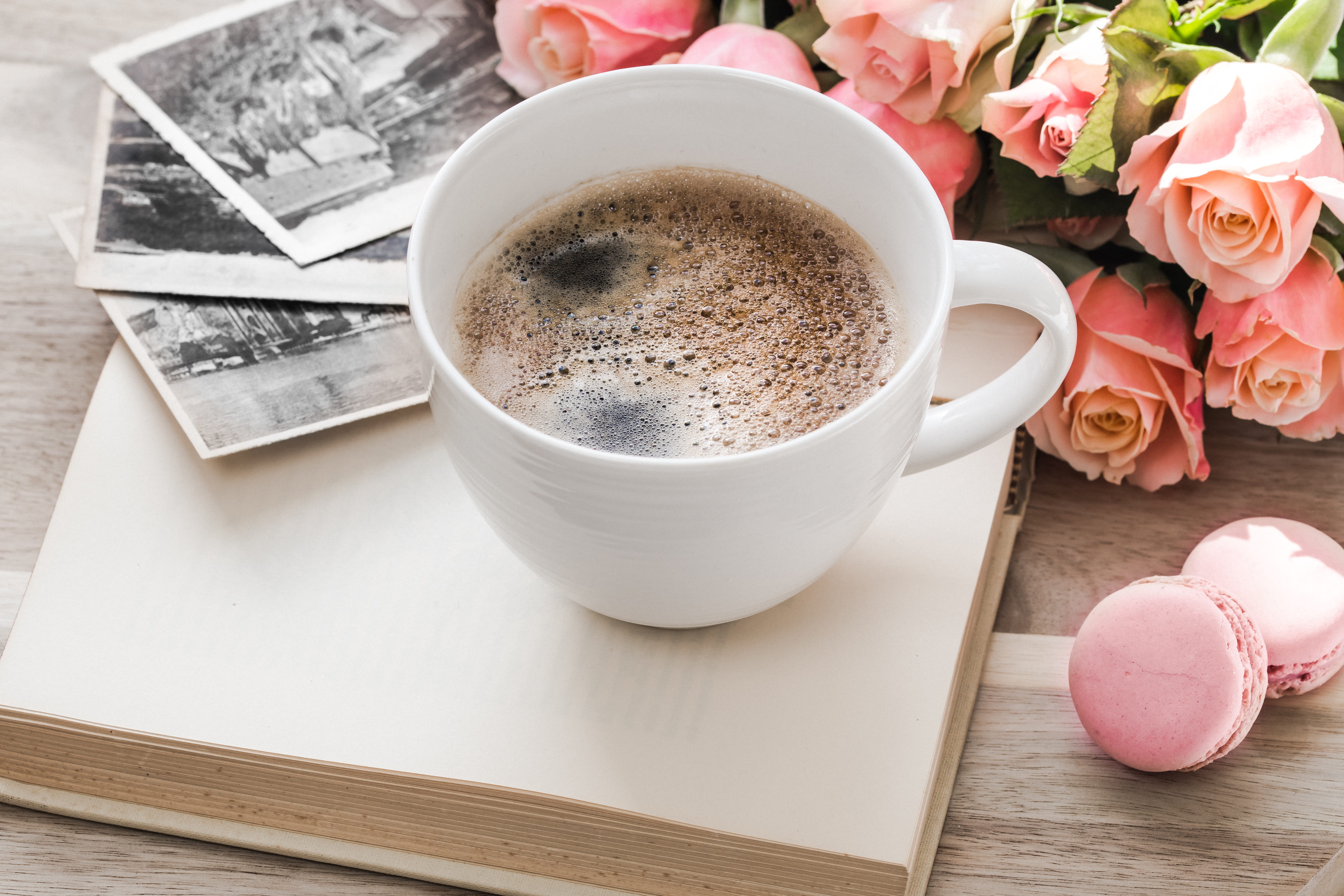 coffee, crockery, roses, bouquet, nature, no people, rose, hot drink, drink, plant, cup, 5K, book, flowering plant, macarons, mug, refreshment, HD Wallpaper