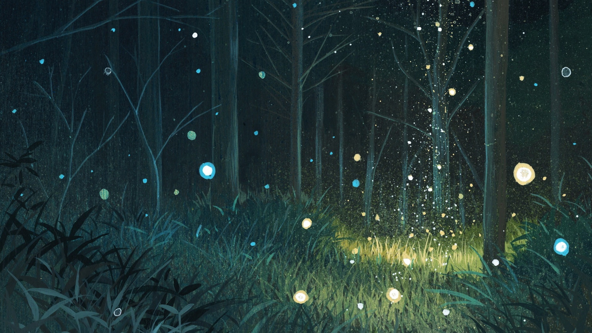 nature, glowing, firefly, tree, outdoors, tranquil scene, snow, growth, snowing, 1080P, tranquility, plant, mood, illuminated, widescreen, branch, HD Wallpaper