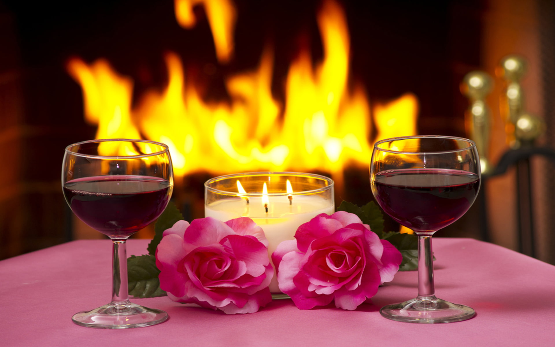glasses, red, pink, fire, roses, massa, two, candles, evening, fireplace, hd, phone, mobile, 1080P, wine, romantic, lamp, lit, HD Wallpaper