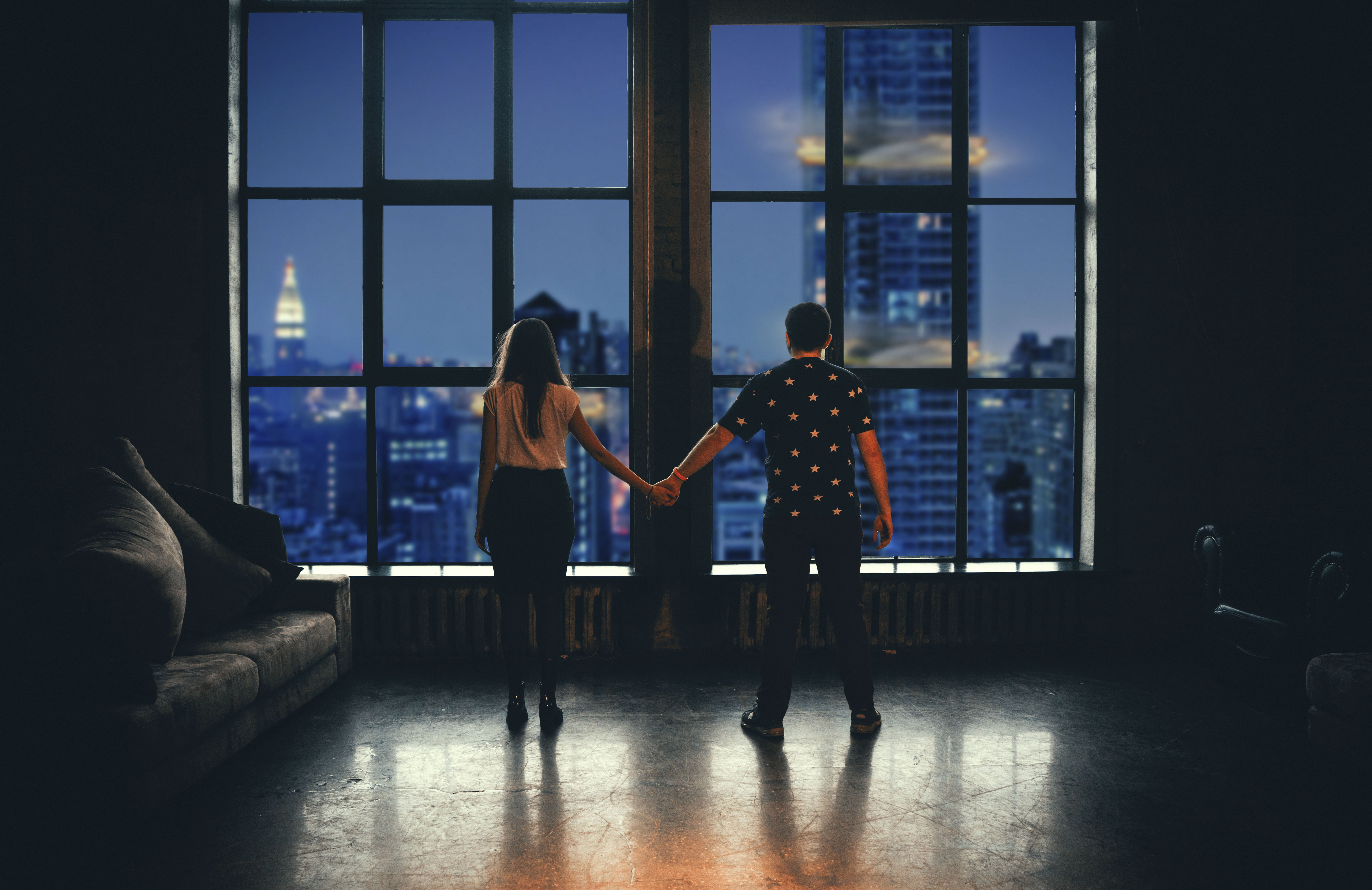 establishment, built structure, man, urban, windows, leisure activity, business, dark, living room, people, 5K, transparent, standing, window, city, two people, HD Wallpaper