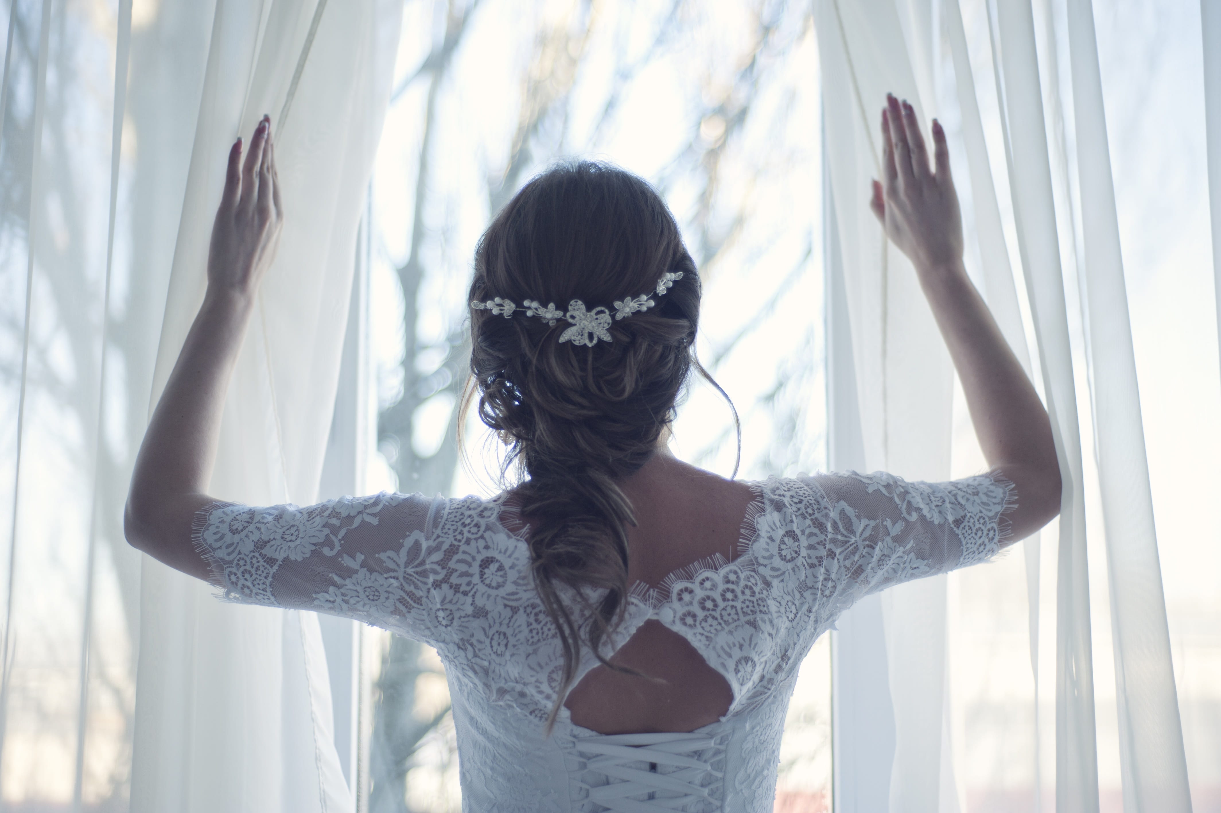 woman, laced, love, curtains, gown, hair, lifestyles, portrait, white, waist up, curtain, young adult, human arm, women, dress, leisure activity, headshot, HD Wallpaper