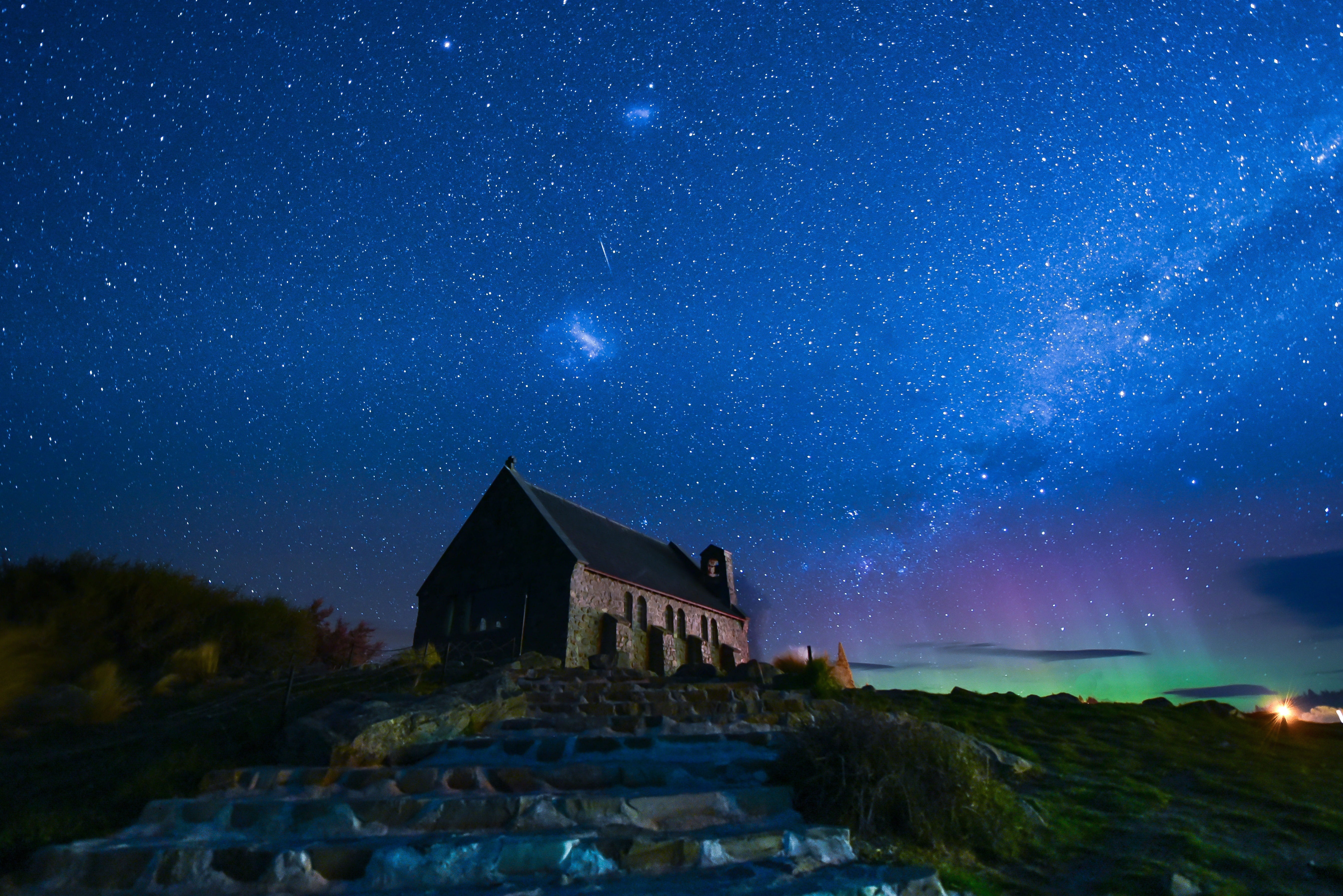 star, Southern Lights, built structure, scenics - nature, galaxy, science, night, lights, space, 5K, star - space, nature, outdoors, cabin, star field, HD Wallpaper