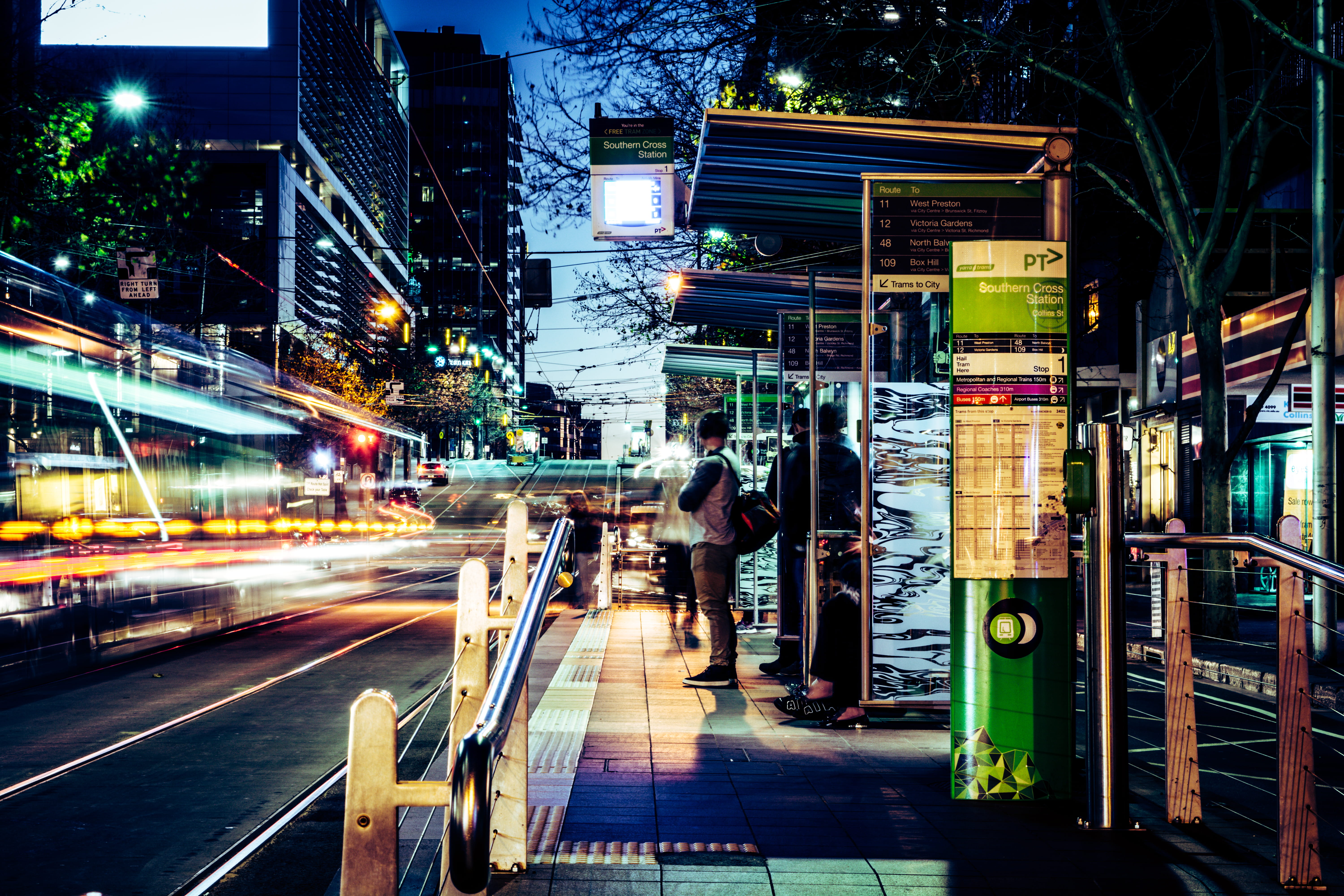 city life, street, commuting, speed, long exposure, road, southern cross tram stop, australia, architecture, light, city street, sign, people, city, light trail, HD Wallpaper