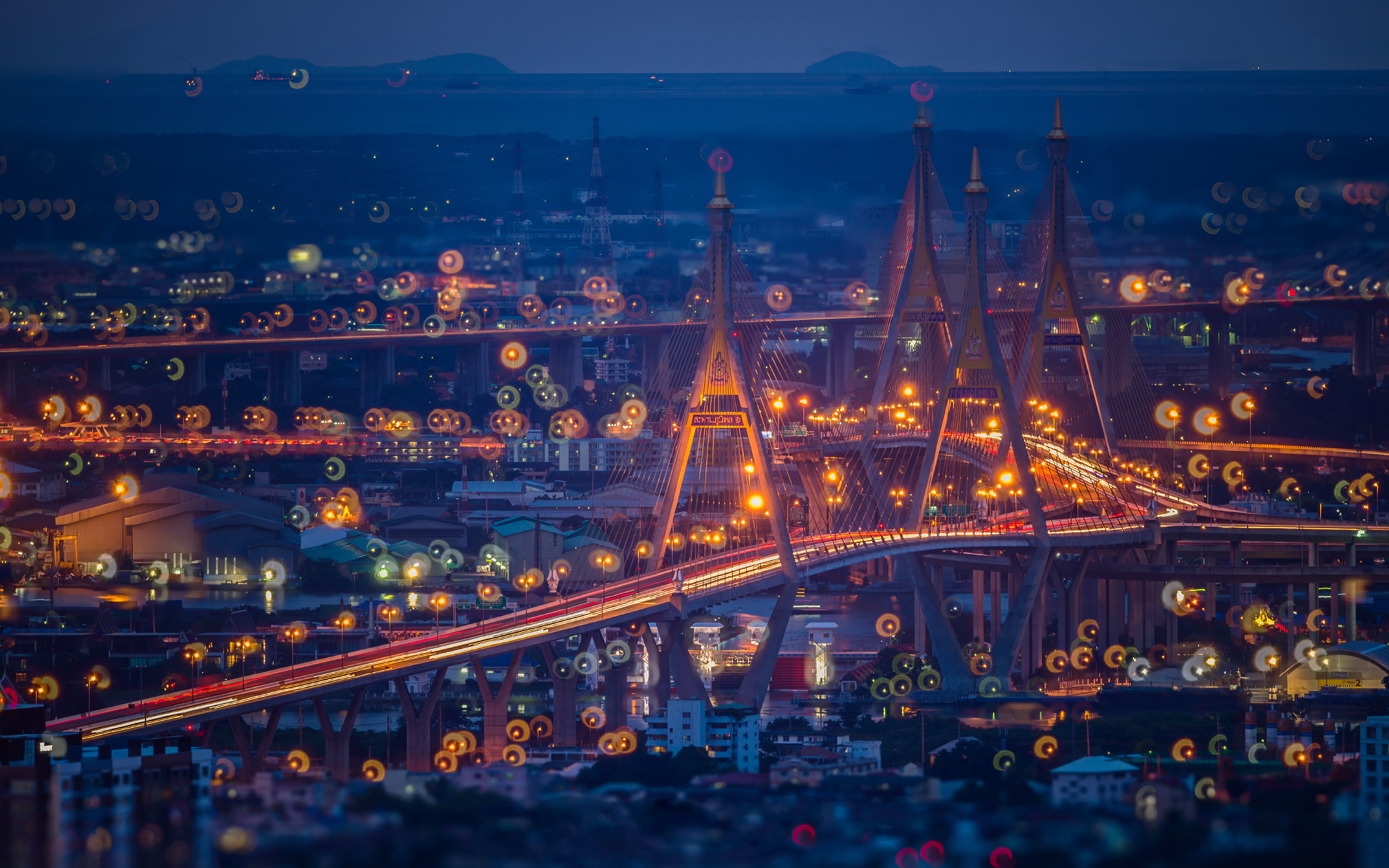 lights, Thailand, night, the evening, bridge Dipangkorn Rasmijoti, The bridge stronger., 1080P, connects southern Bangkok and Samut Prakan province, Bhumibol, HD Wallpaper