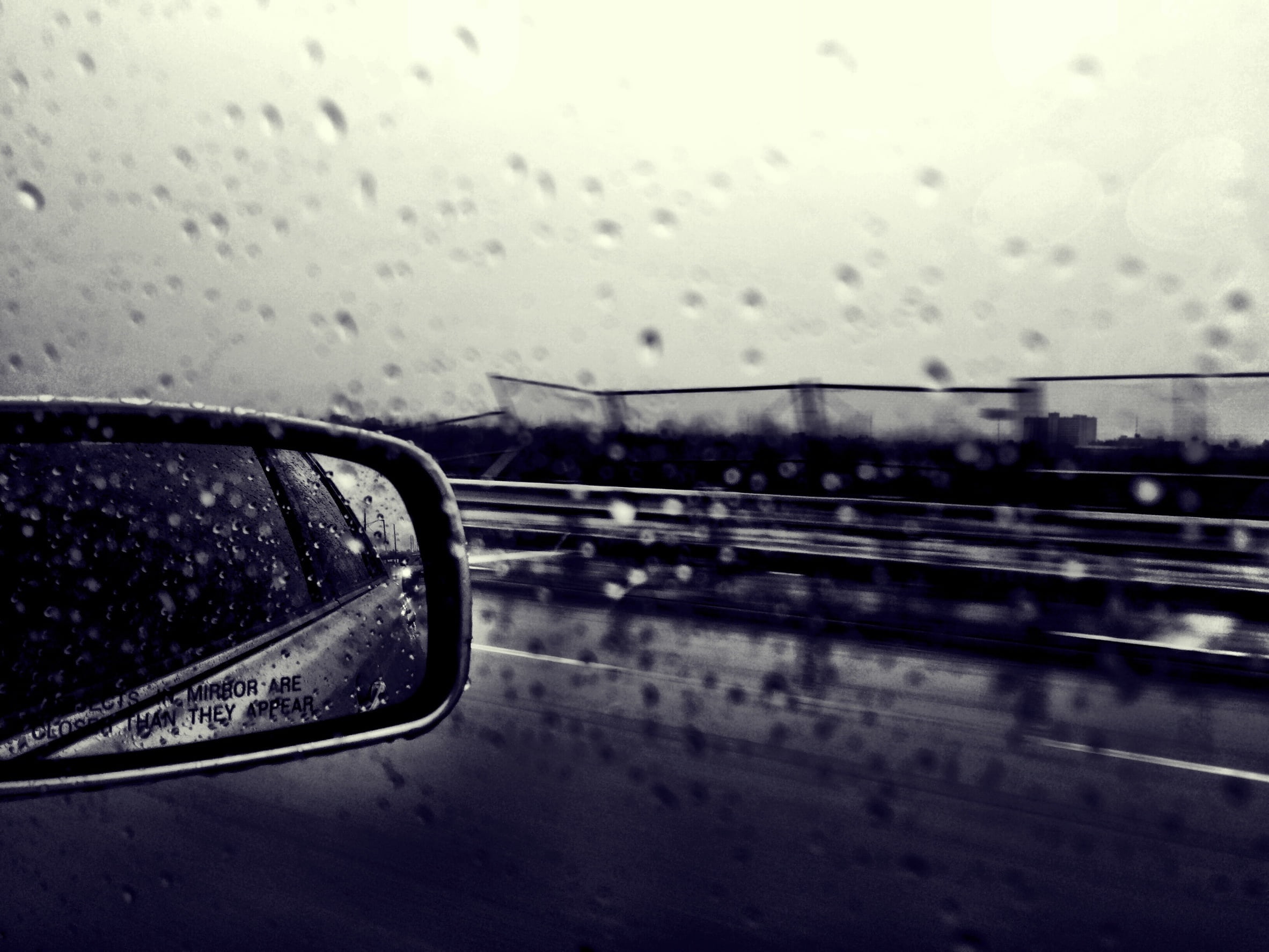 rain, vehicle interior, driving, motor vehicle, travel, drop, 1080P, rainy season, glass, transportation, wet, vehicle mirror, sky, vehicle, window, land Vehicle, HD Wallpaper
