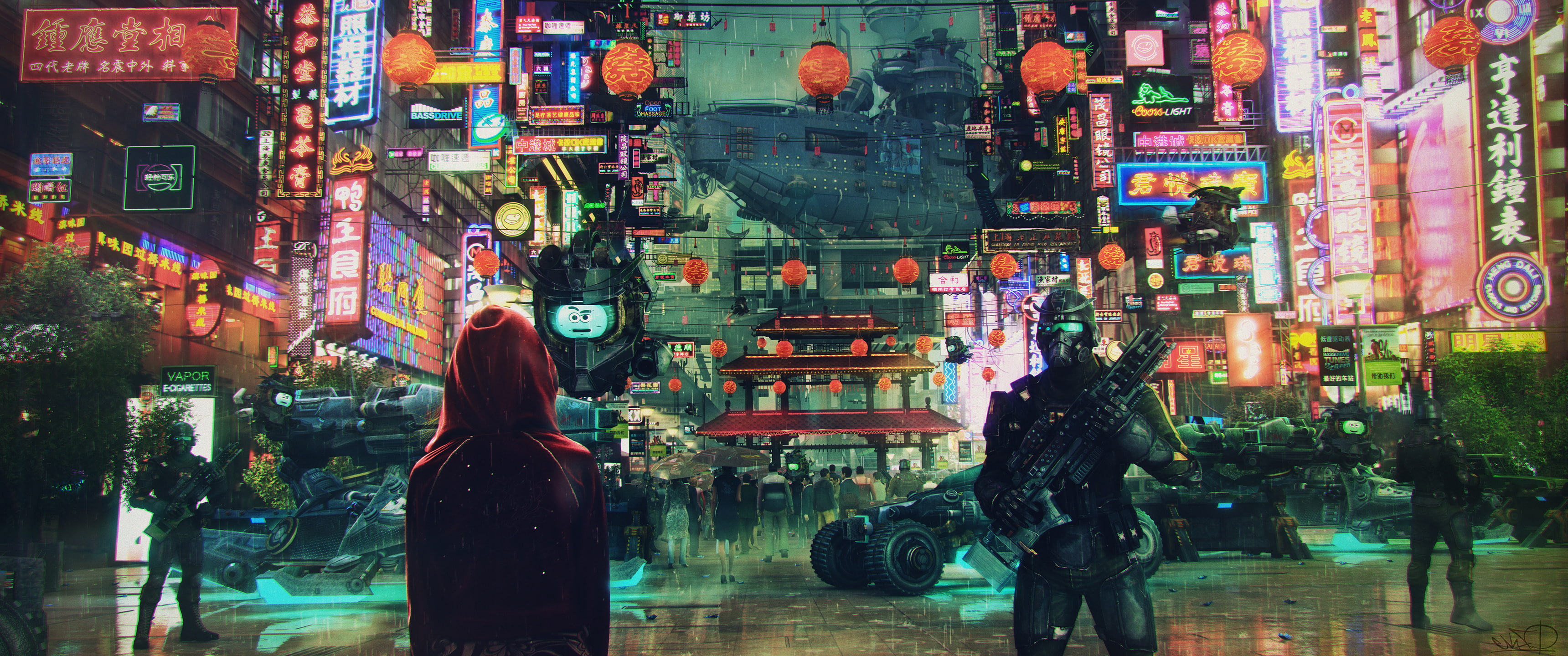 hoodie, soldiers, cyberpunk, Fantasy, 2K, people, cityscape, asian culture, buildings, sci-fi, HD Wallpaper