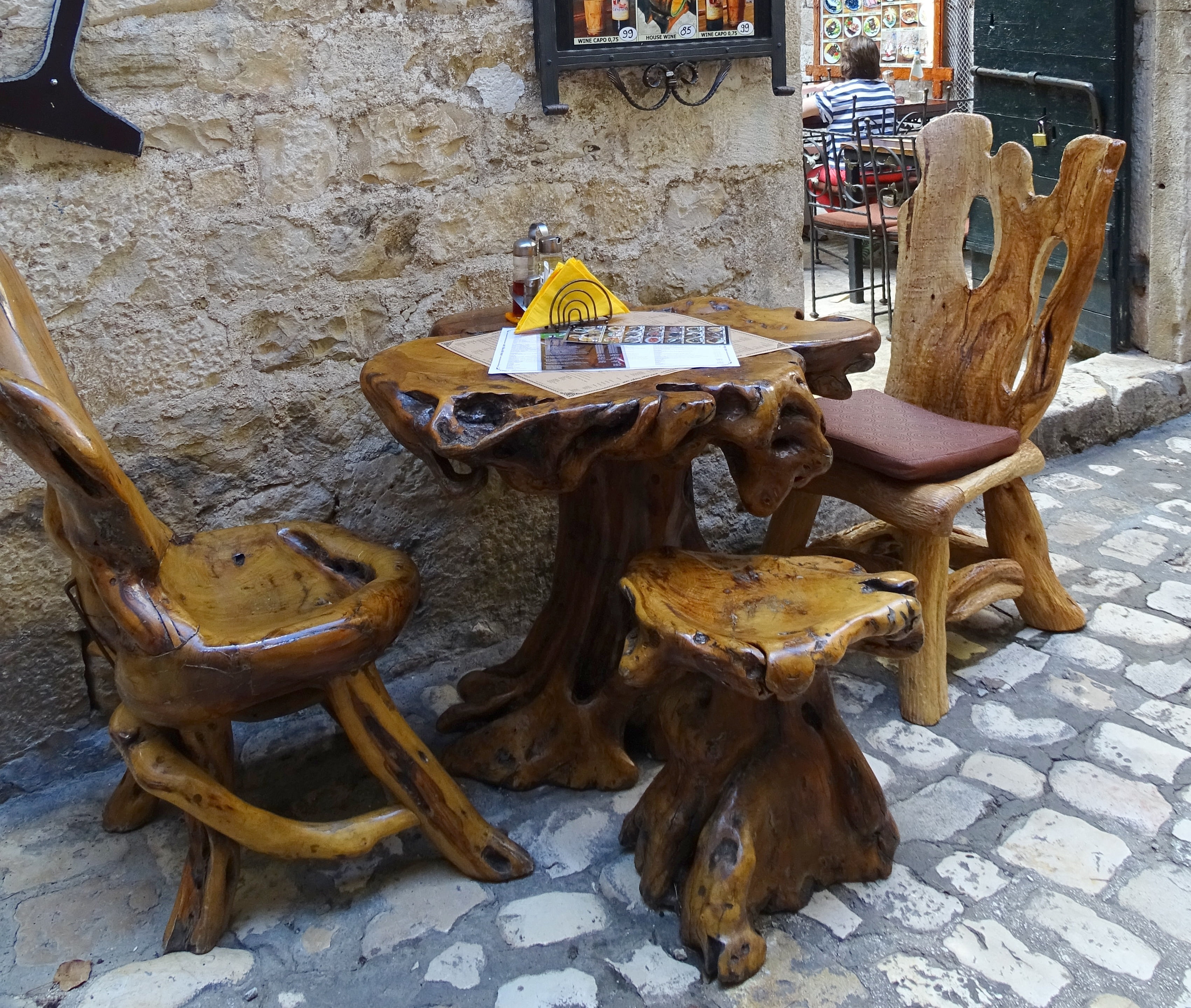old, alley, furniture, container, table, restaurant, stone wall, outdoors, streetscape, empty, still life, footpath, seating arrangement, croatia, wall - building feature, HD Wallpaper
