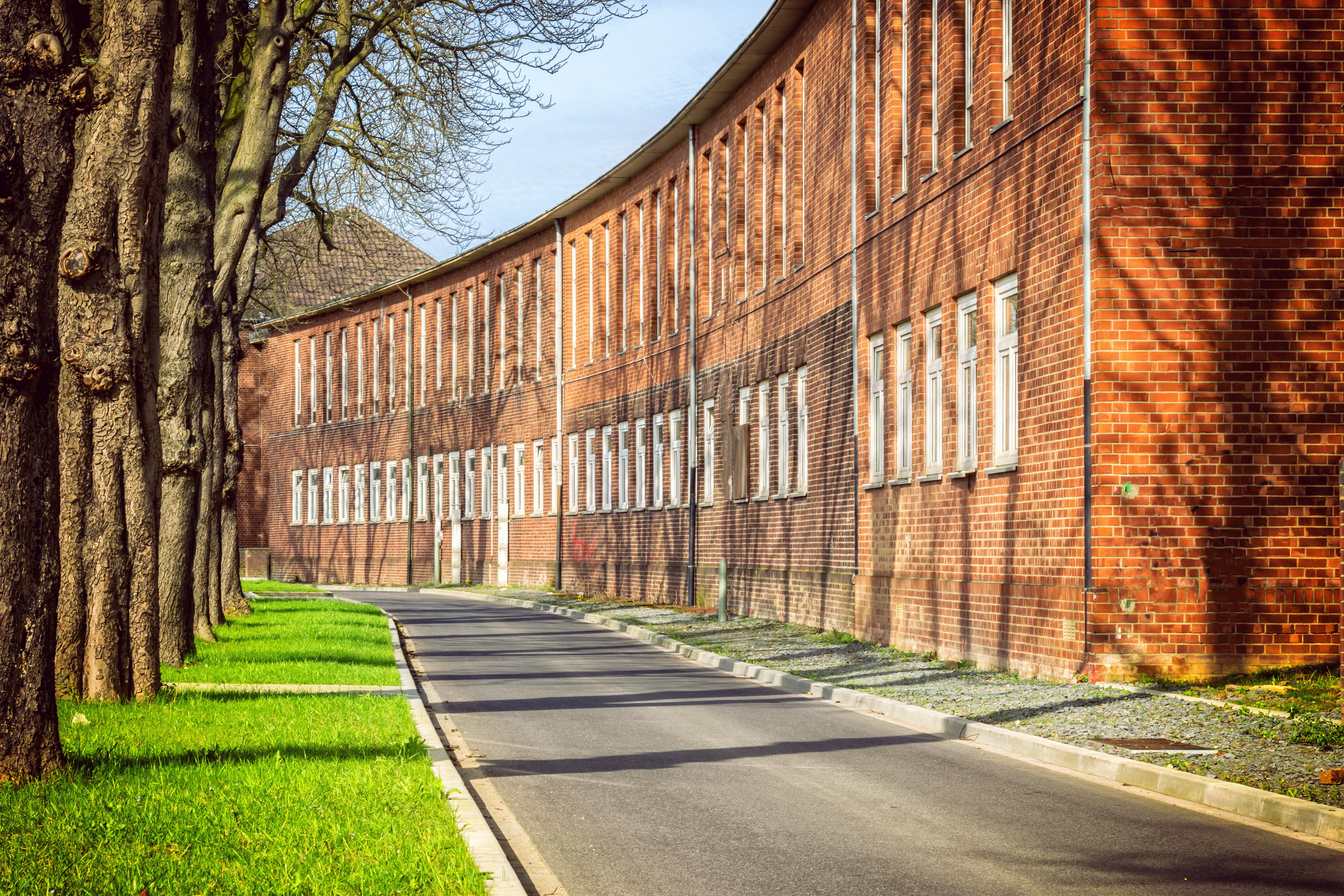 brick, plant, red, sunlight, city, building, settlement, footpath, series, grass, shadow, outdoors, street, trees, built structure, wall, tall, day, home, HD Wallpaper
