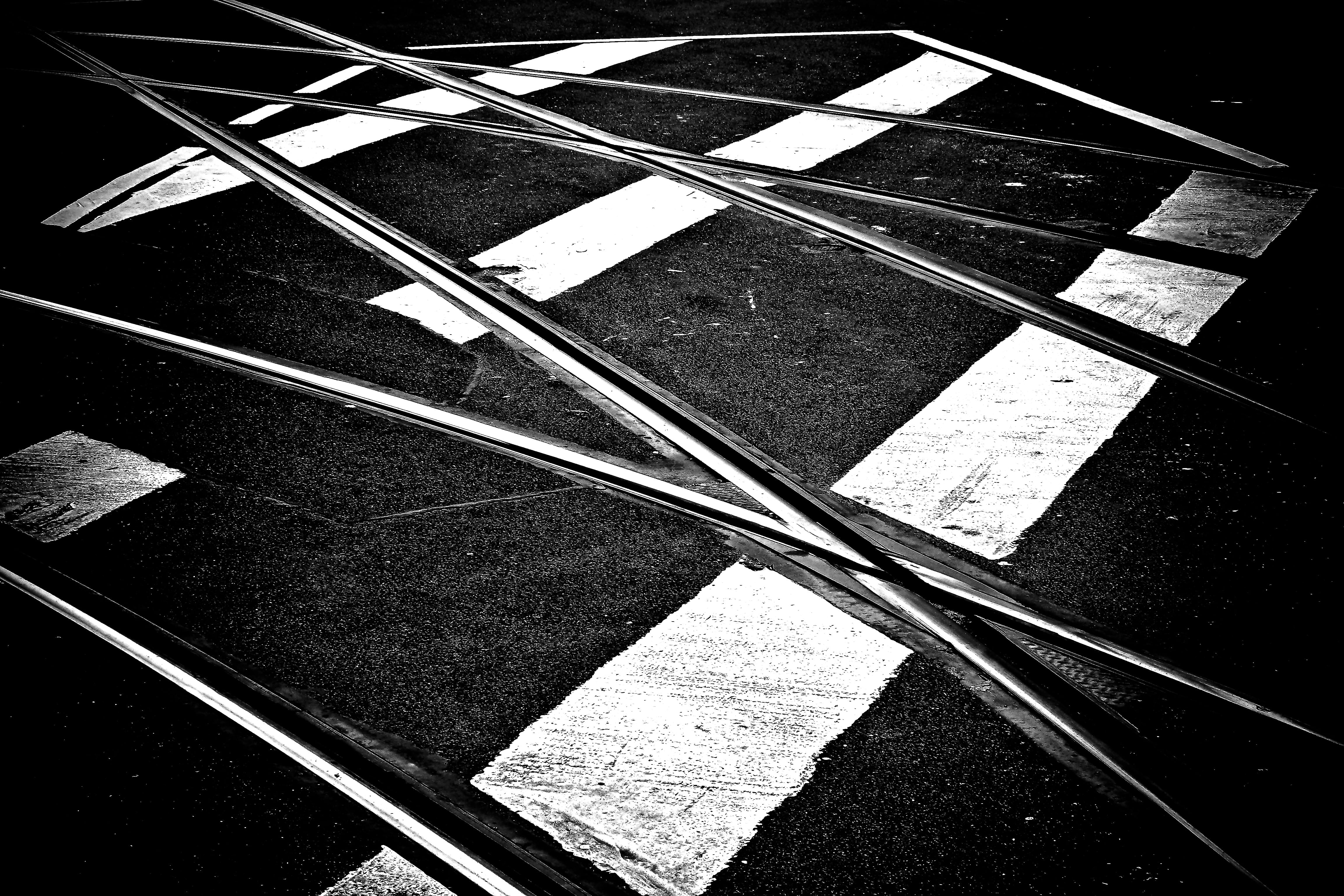 seemed, urban, close-up, photo, black and white, pattern, road, indoors, marking, geometric shape, day, road marking, nature, pavement, 4K, streetscape, HD Wallpaper
