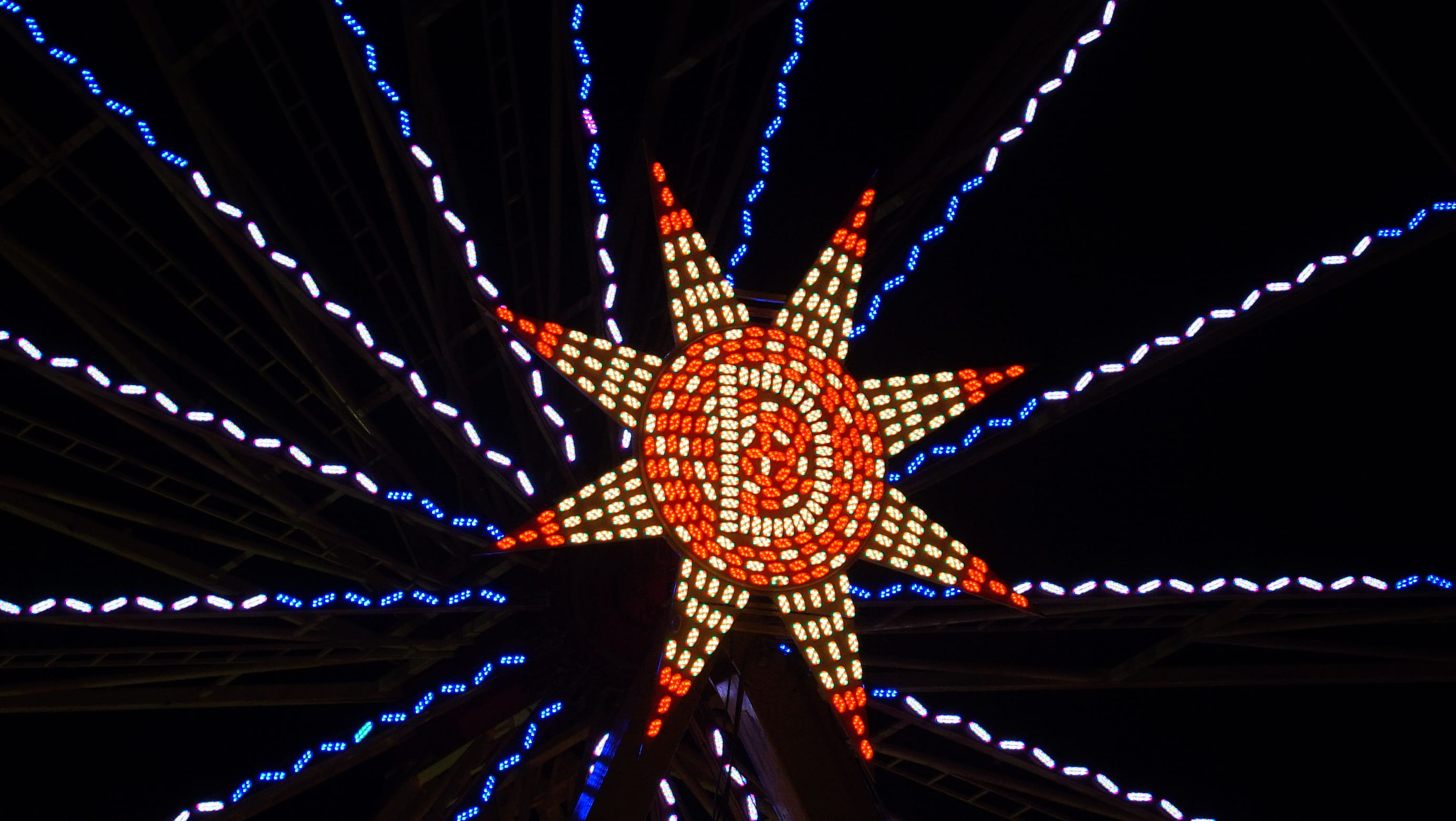 built structure, hanging, travel destinations, shape, amusement park ride, night, Bustle, indoors, religion, multi colored, no people, illuminated, outdoors, HD Wallpaper