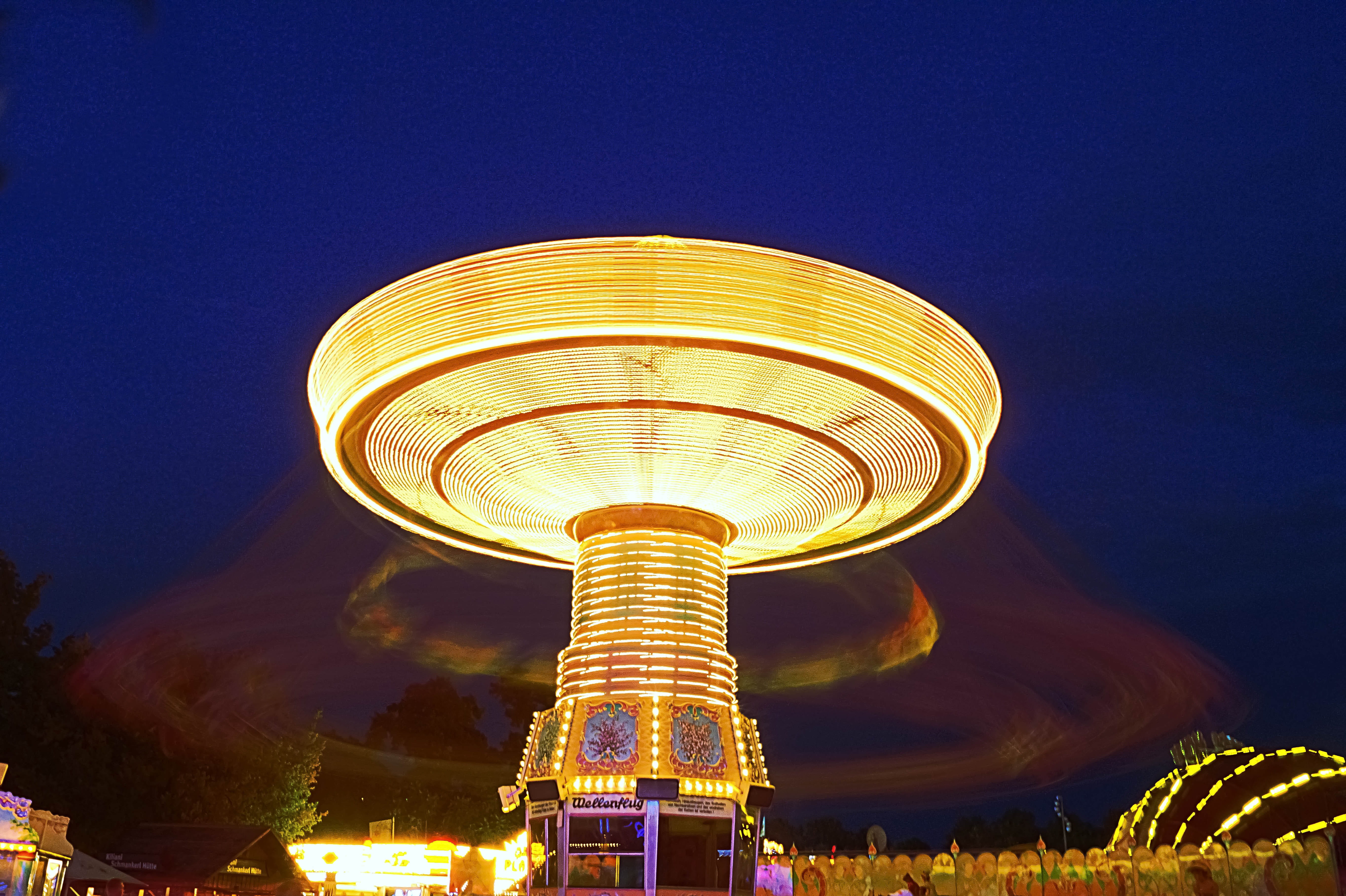 5K, chain swing ride, year market, at night, architecture, würzburg, Theme Park, Market, low angle view, amusement park, folk festival, motion, merry-go-round, HD Wallpaper