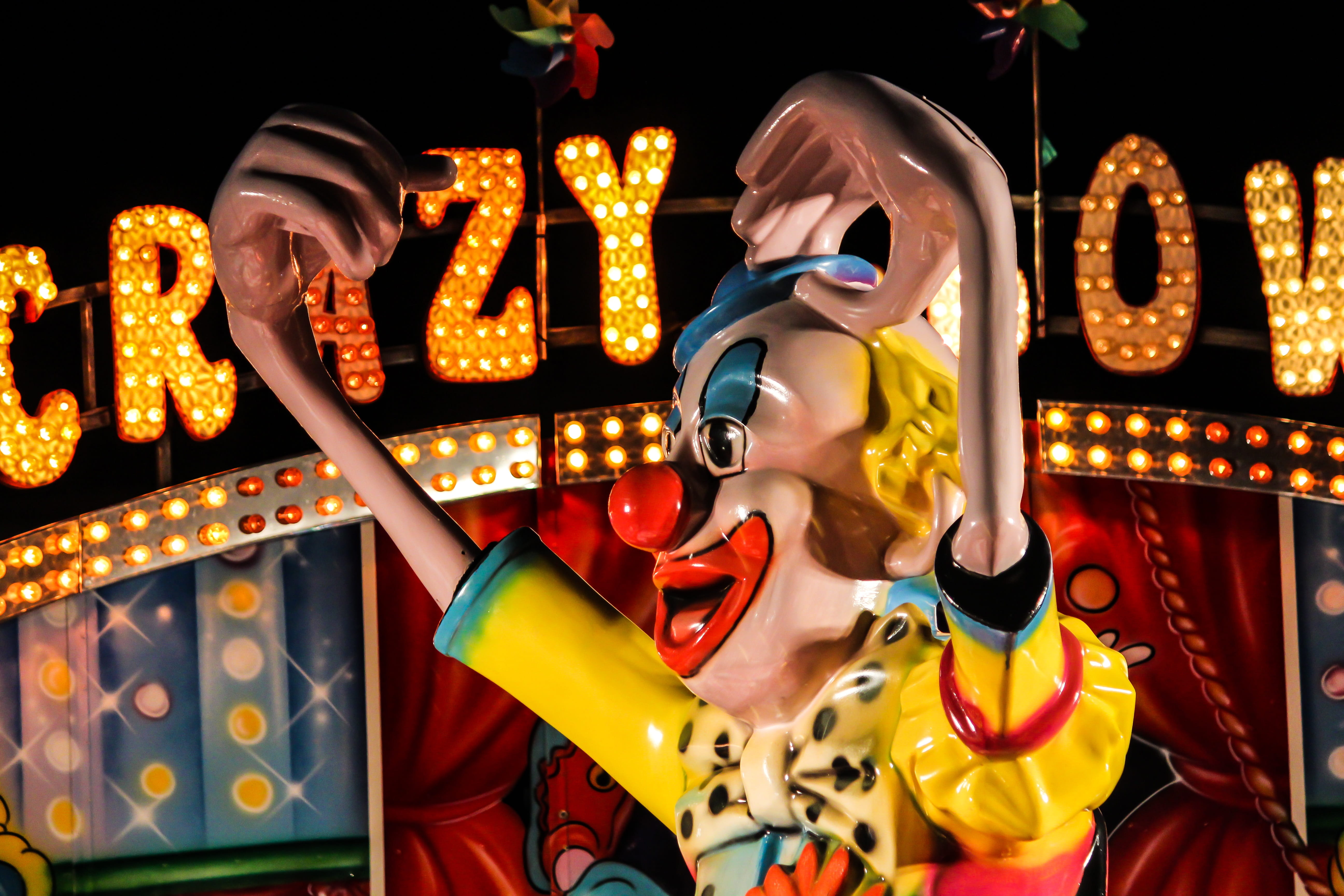 rhine fair, flying, colorful, no people, neon, clown, carousel, communication, folk festival, lighting equipment, allerheiligenkirmes, turn, arts culture and entertainment, HD Wallpaper