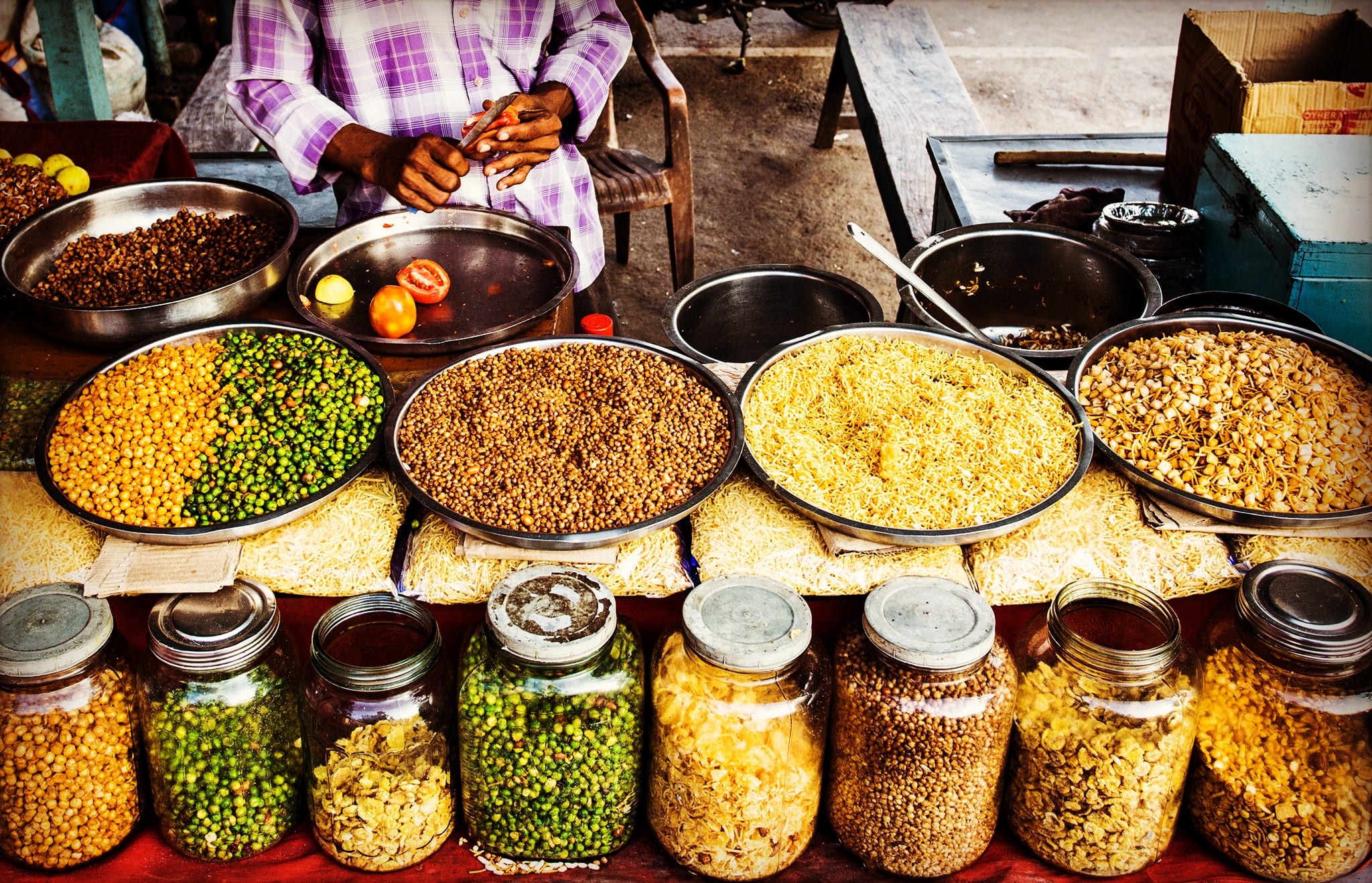 india, retail display, street, asian food, jars, food and drink, 1080P, outdoors, large group of objects, abundance, freshness, retail, cuisine, preparing food, HD Wallpaper