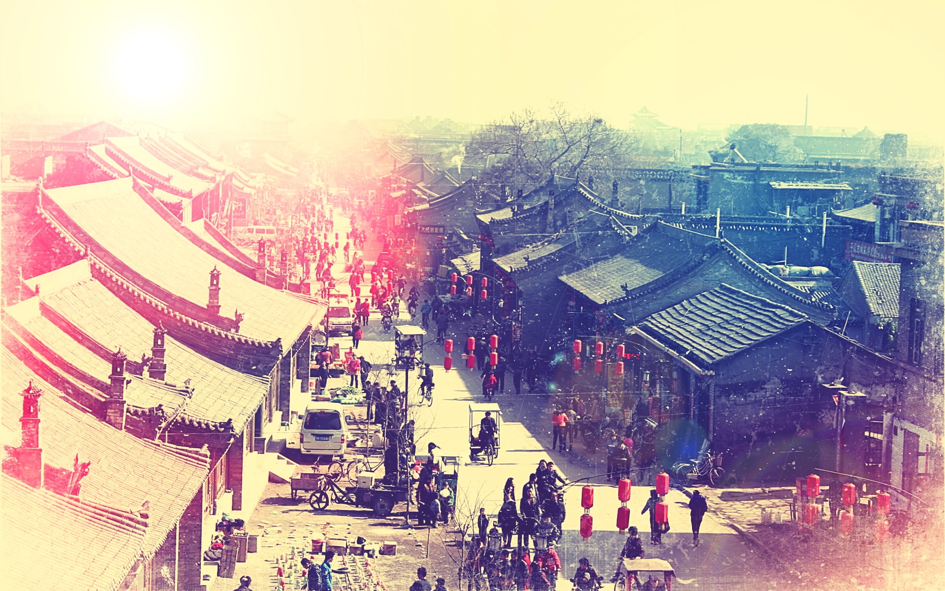 lanterns, cityscapes, Streets, nature, china, art, Market, 1080P, asian, architecture, hd, villages, sunlight, HD Wallpaper