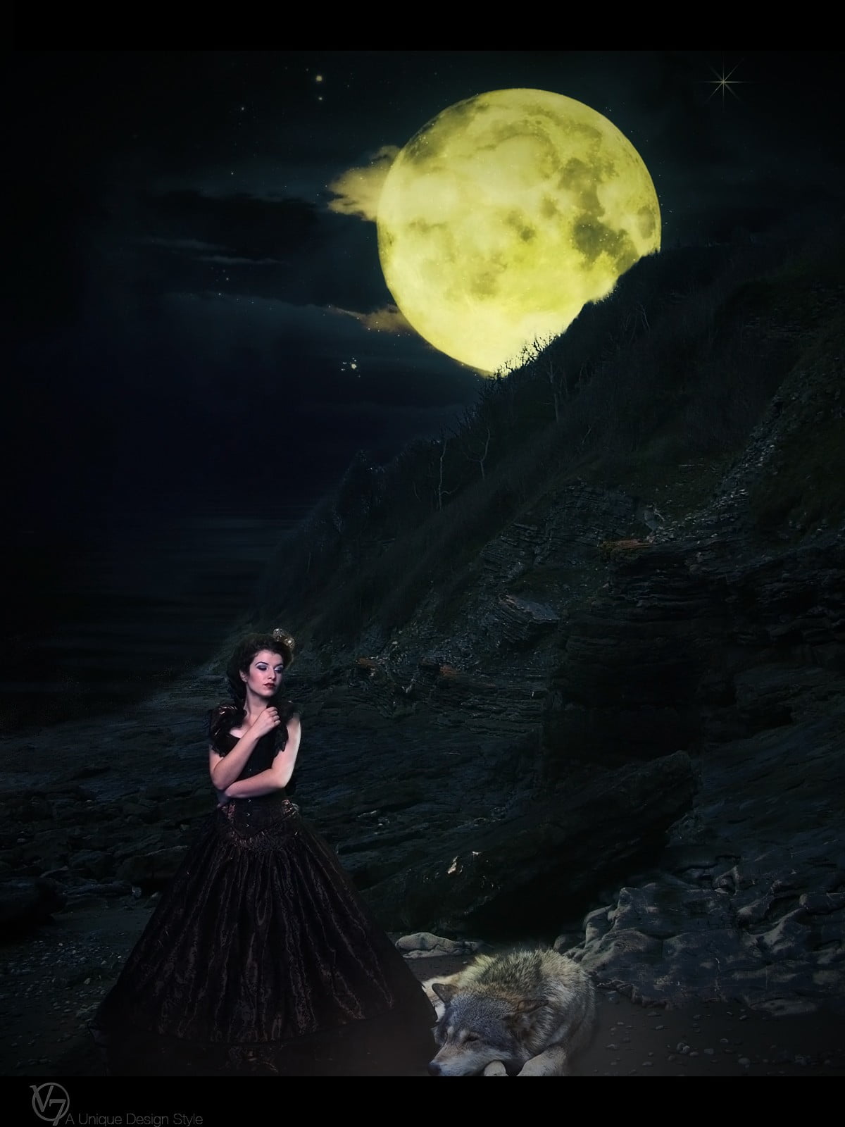 photo manipulation, one person, full moon, moon, sleeveless, adult, hairstyle, yellow, moonlight, 720P, dark, young adult, Photoshop, cloud - sky, contemplation, Phone HD Wallpaper
