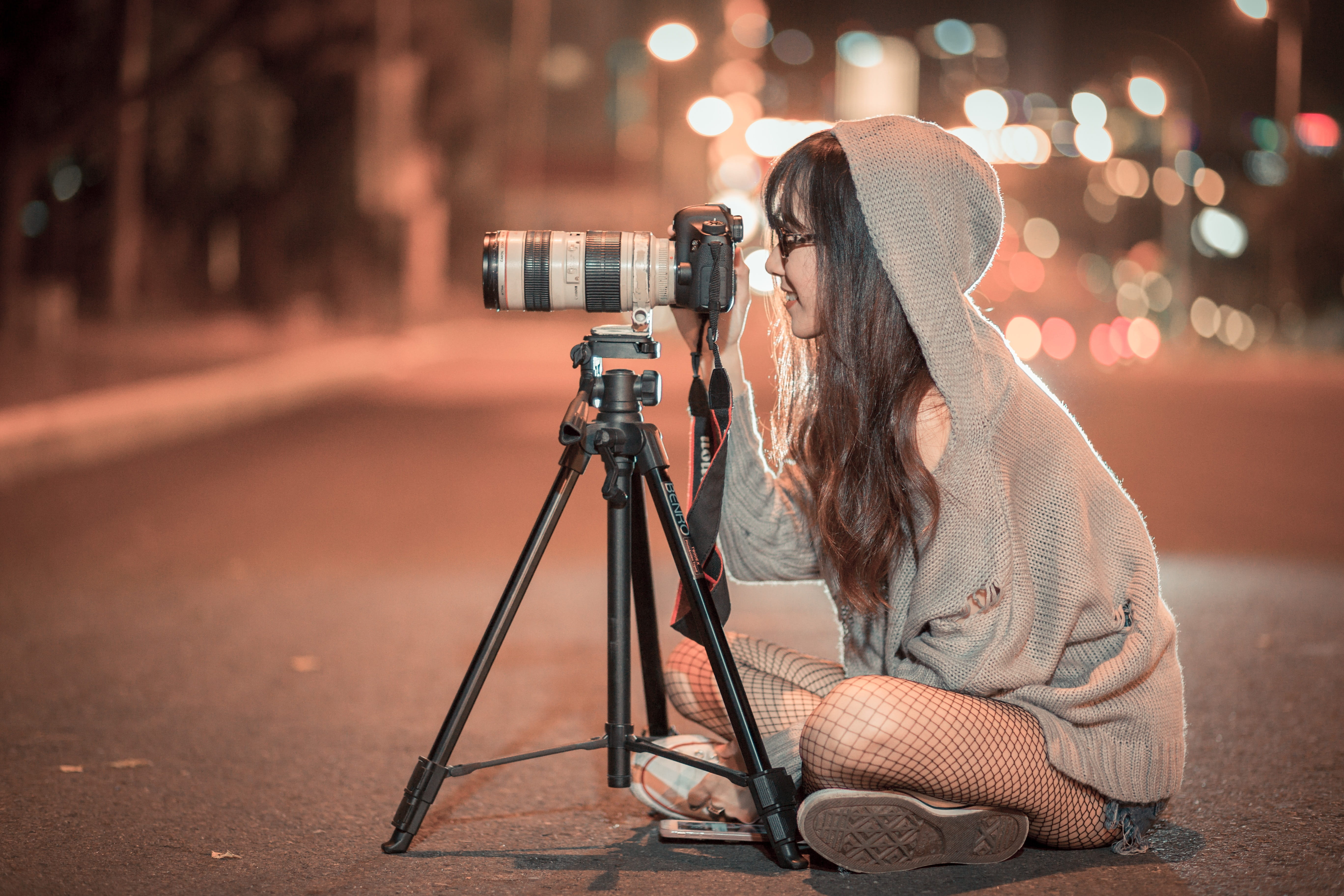 equipment, camera, photography themes, shooting, photography, holding, 5K, adult, night, digital camera, one person, casual clothing, profession, long hair, HD Wallpaper