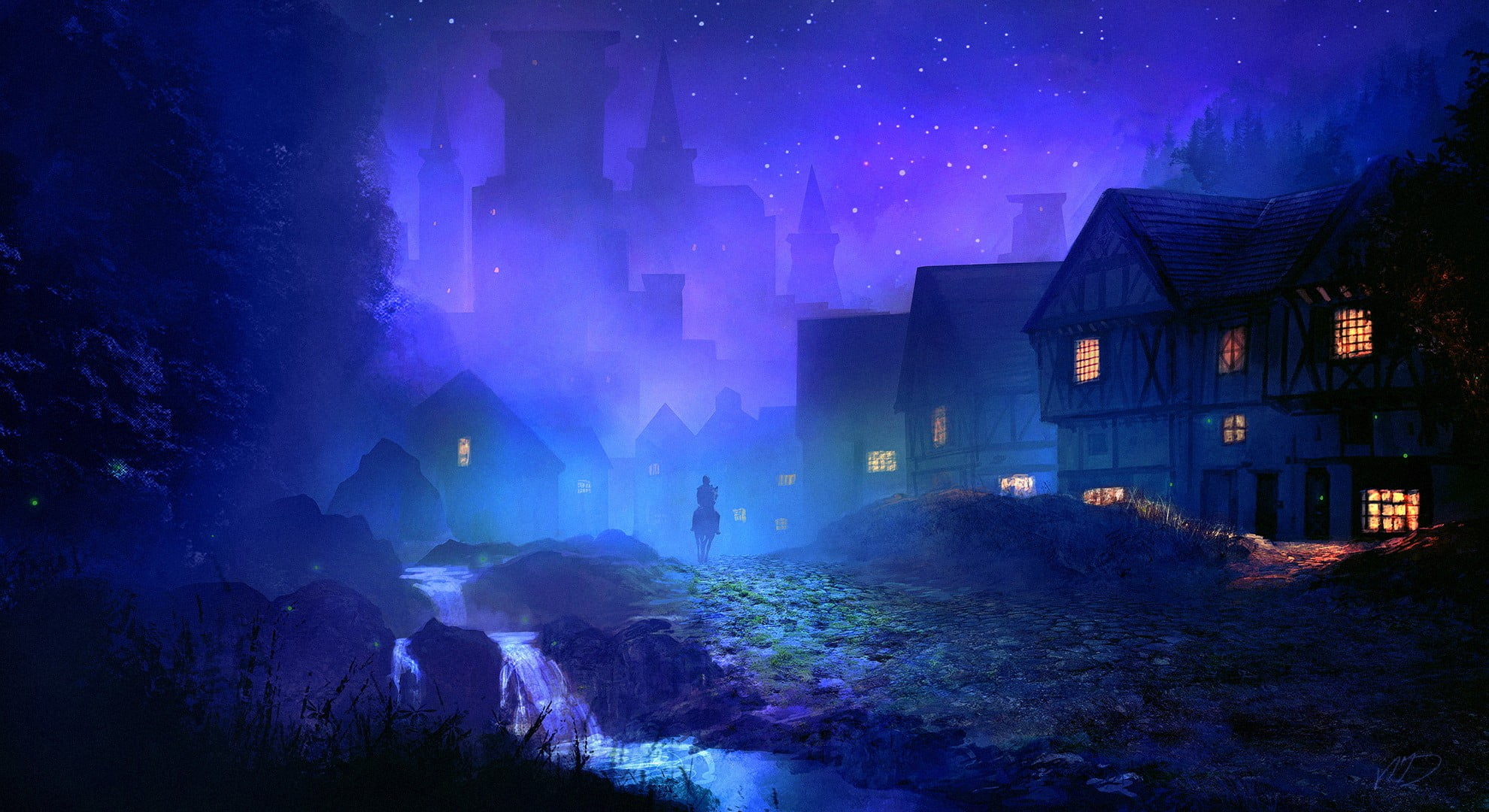 fantasy city, building exterior, snow, sky, winter, riding, man, nature, 1080P, dusk, fantasy art, city, beauty in nature, illuminated, scenics - nature, HD Wallpaper