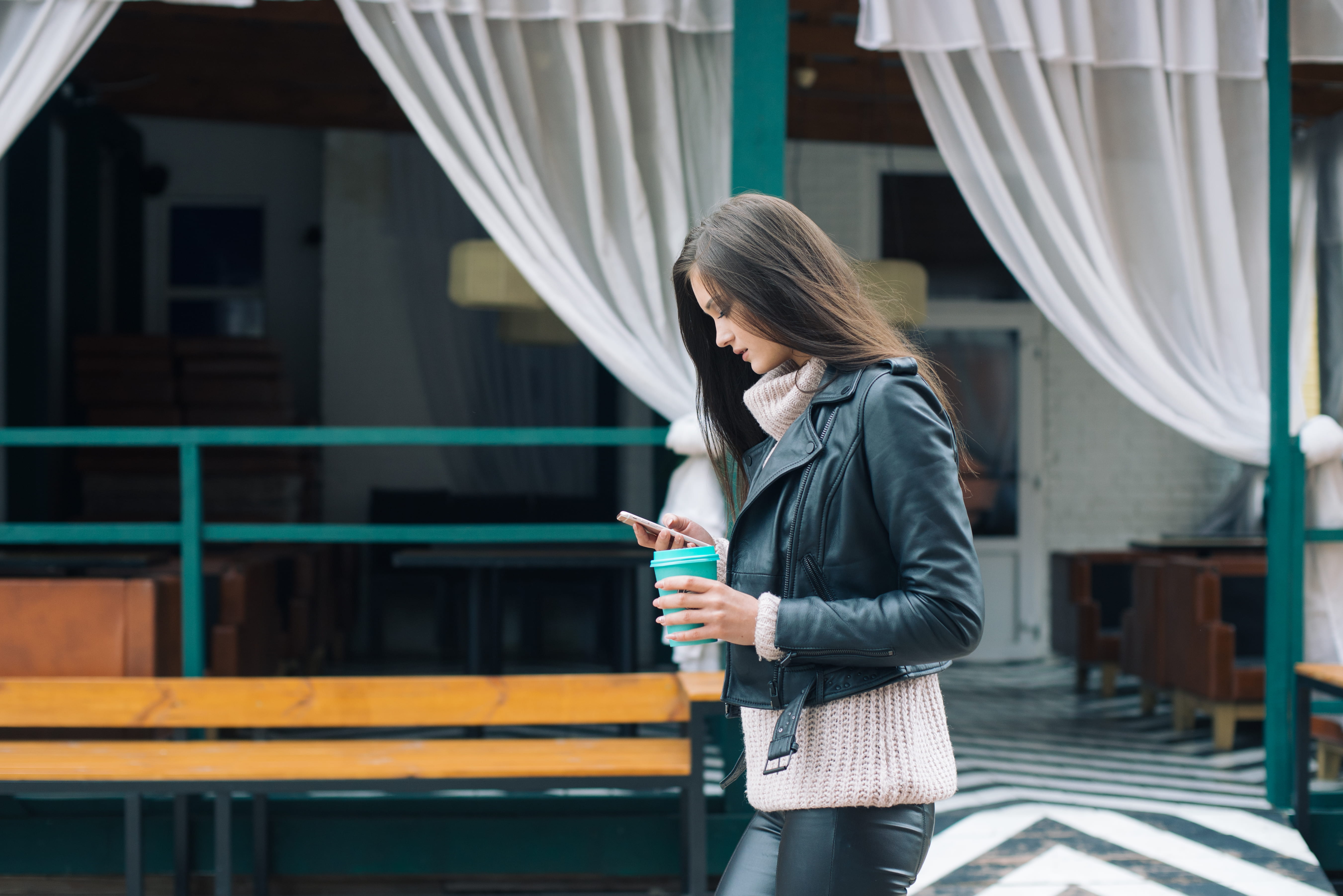 handrail, building exterior, leather, holding, young adult, women, cup, street, young women, jacket, lifestyles, 5K, built structure, standing, female, HD Wallpaper
