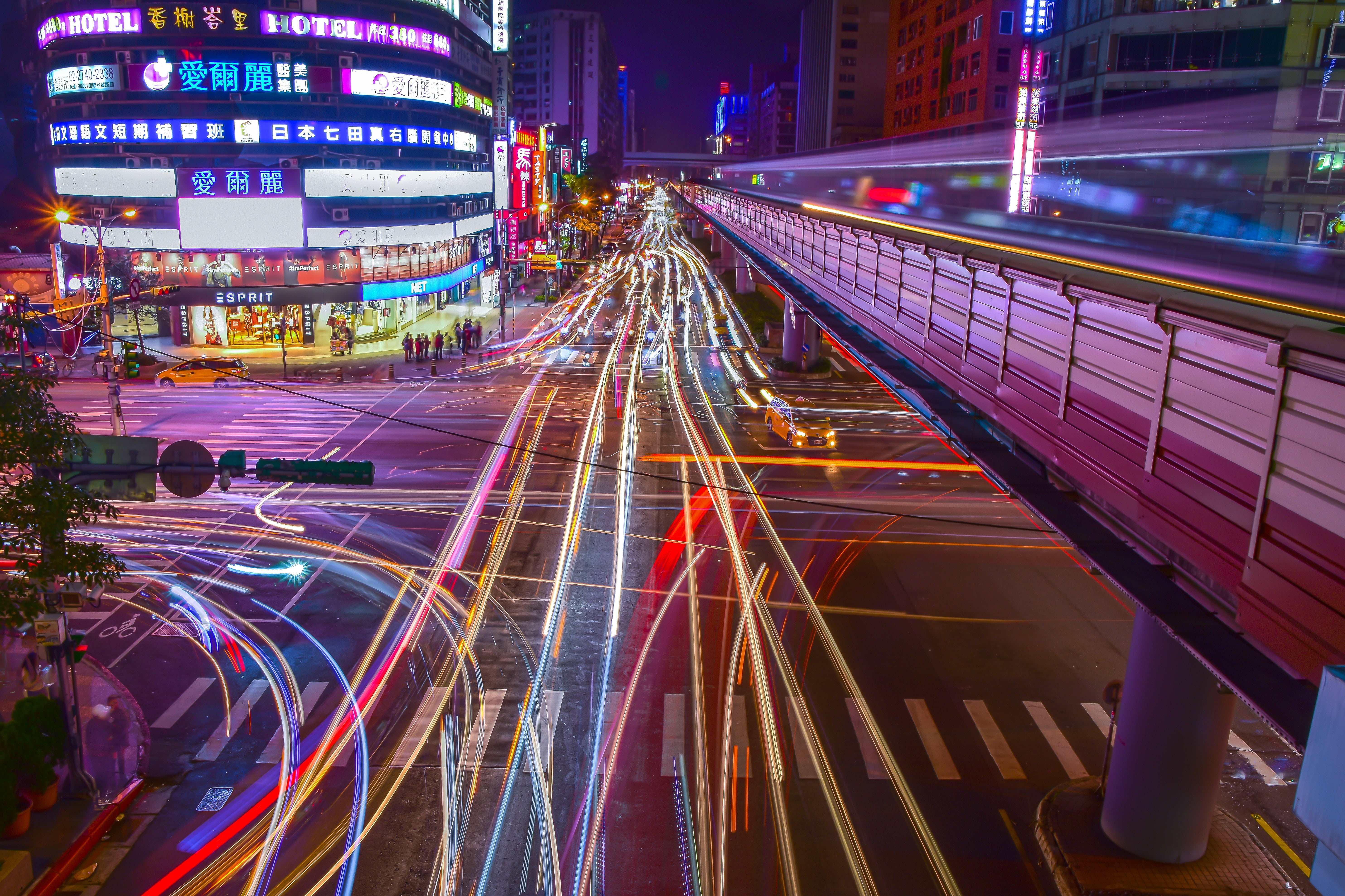 urban landscape, buildings, blurred motion, light rail, long exposure, city life, light, cityscape, city, glowing, no people, built structure, street, city street, HD Wallpaper