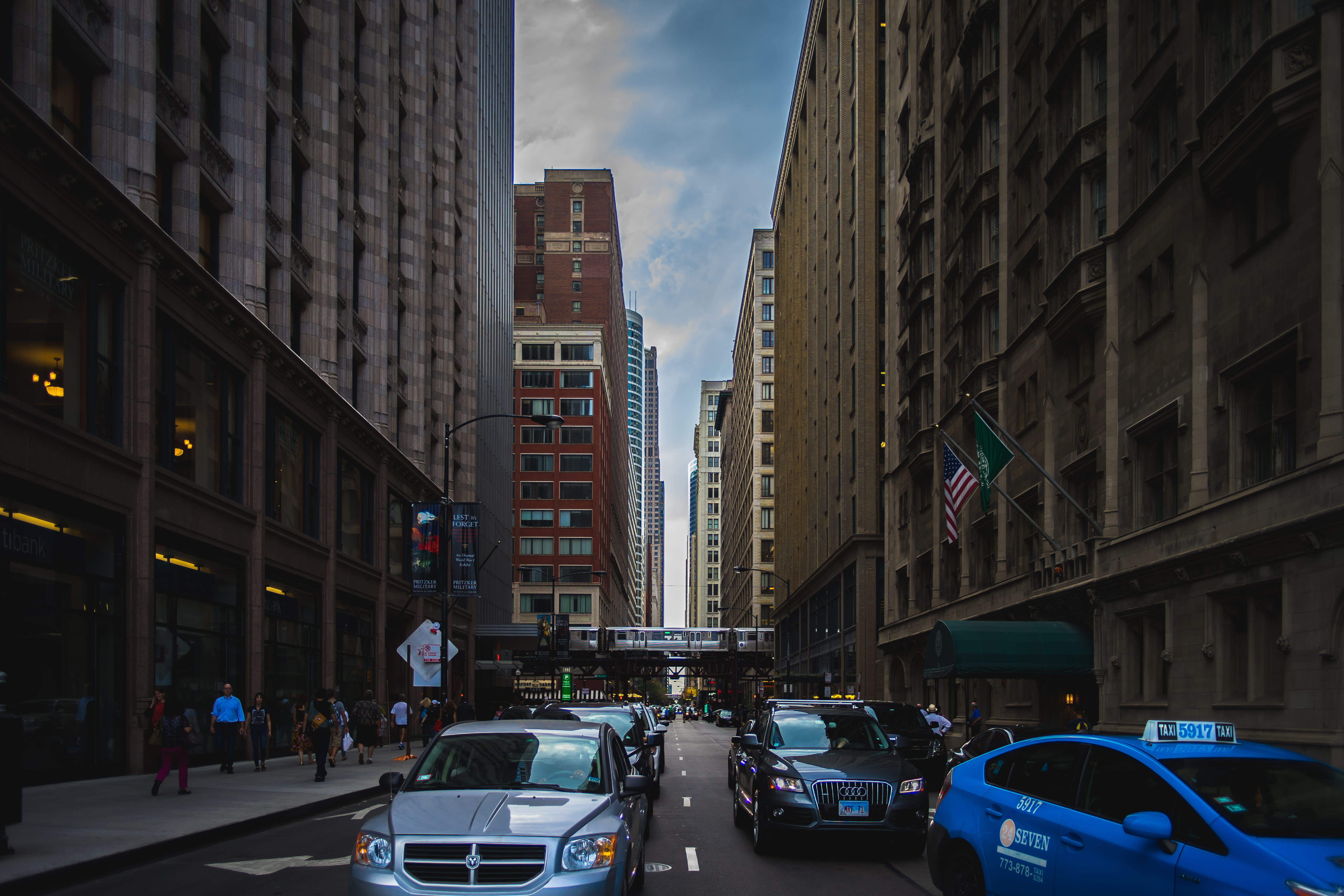 building, vehicles, street, rise, motor vehicle, built structure, lights, cityscape, blue, across, skyscraper, American flag, downtown, building exterior, HD Wallpaper