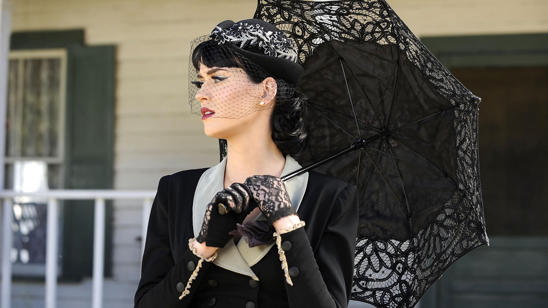 brunette, eyes, portrait, black hair, face, black gloves, millinery, women outdoors, Katy Perry, umbrella, 1080P, HD Wallpaper
