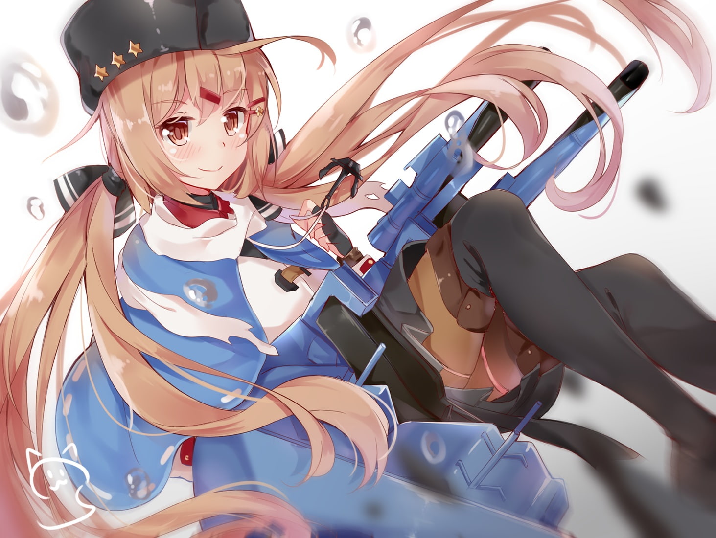 anthropomorphism, konachan, twintails, eyes, (kancolle), brown, weapon, com, 261178, 720P, hat, gun, hair, blush, nahaki, collection, thighhighs, kantai, HD Wallpaper