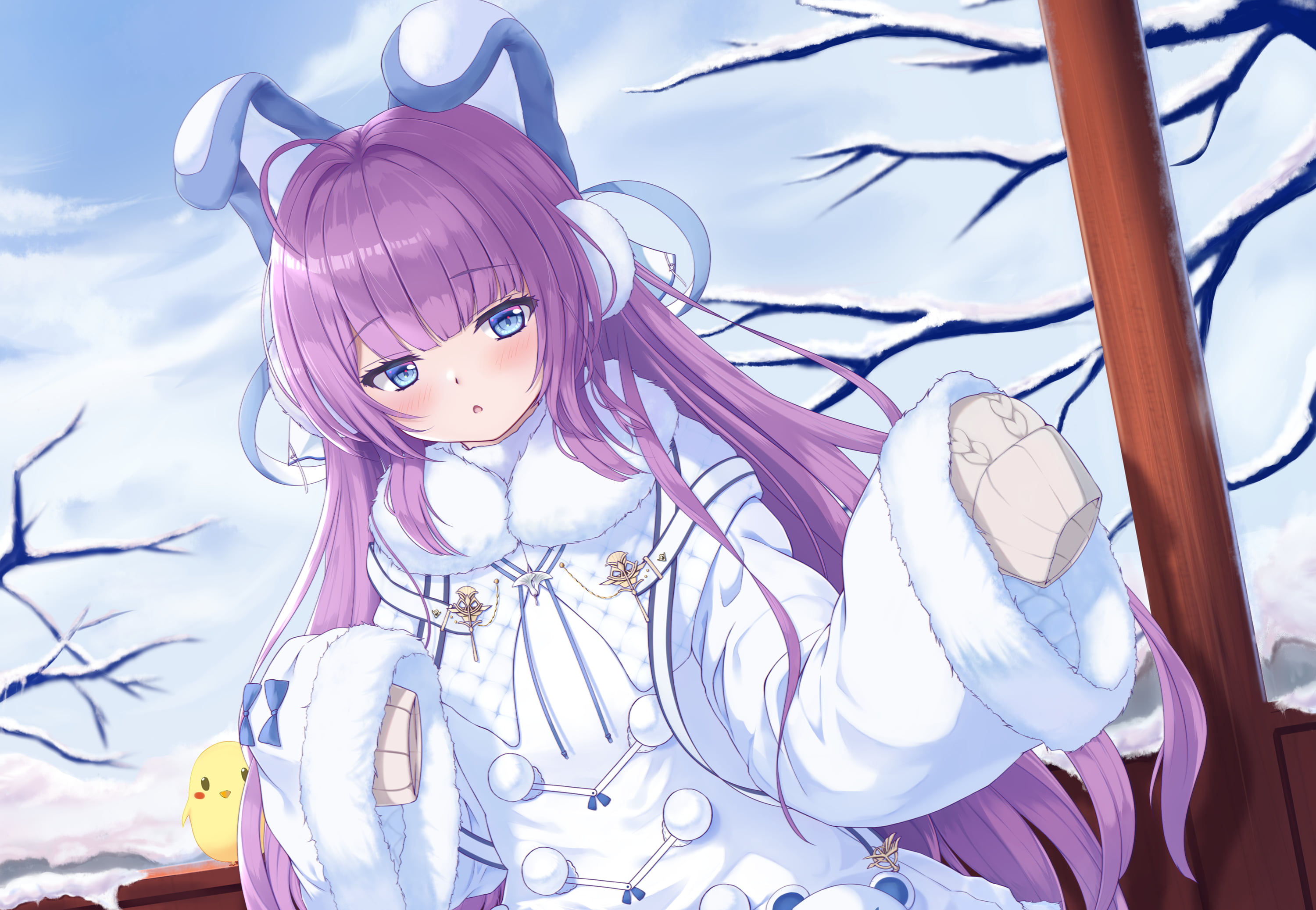 Azur Lane, blush, sweater, snow, purple hair, Tashkent (Azur lane), long hair, blue eyes, loli, 2K, bunny ears, white jacket, HD Wallpaper