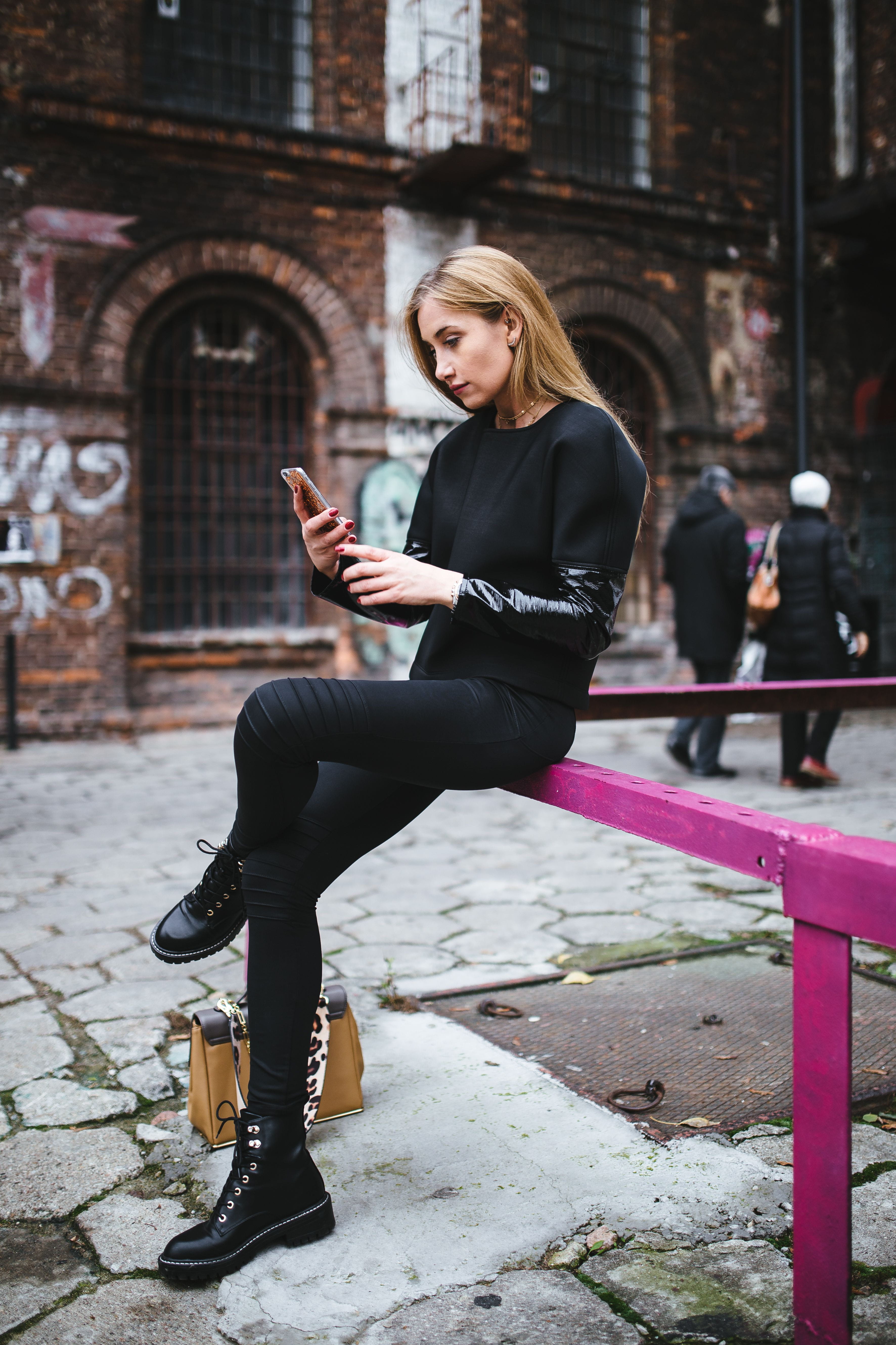 one person, woman, Europe, women, smart phone, outdoors, sitting, portrait, street, model, female, young, built structure, street fashion, leisure activity, Phone HD Wallpaper