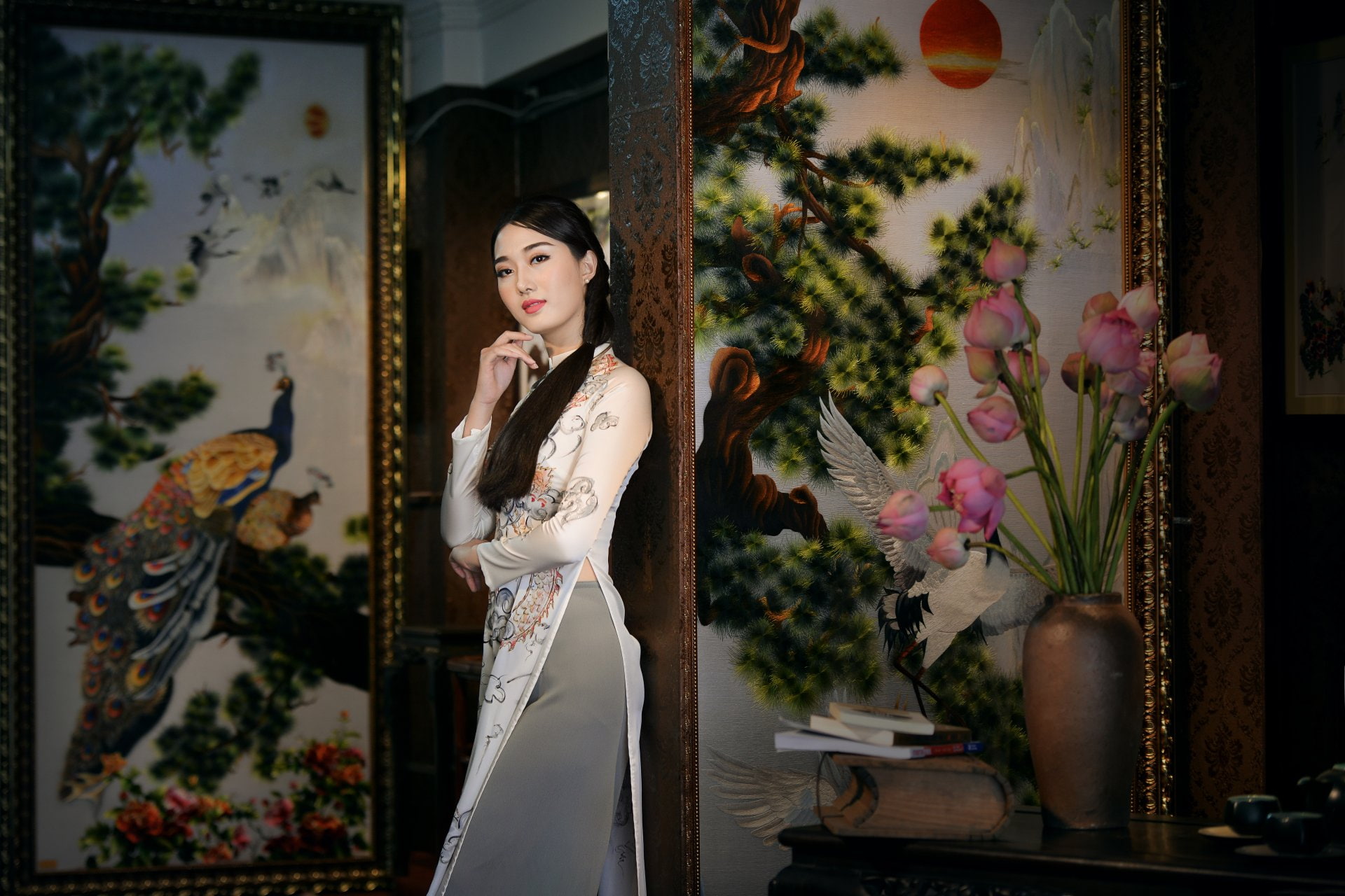 Women, Book, Ao Dai, Girl, Flower, Asian, Bouquet, Vietnamese, 1080P, Painting, HD Wallpaper