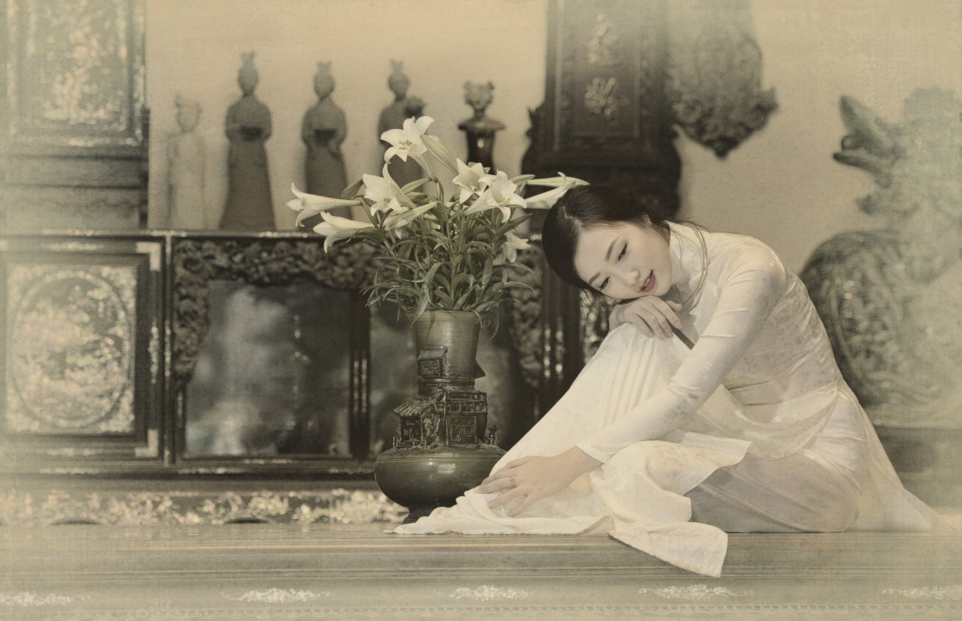 spirituality, Girl, sitting, females, Sepia, nature, full length, indoors, Women, dress, emotion, depression - sadness, Model, Asian, one person, Vietnamese, HD Wallpaper