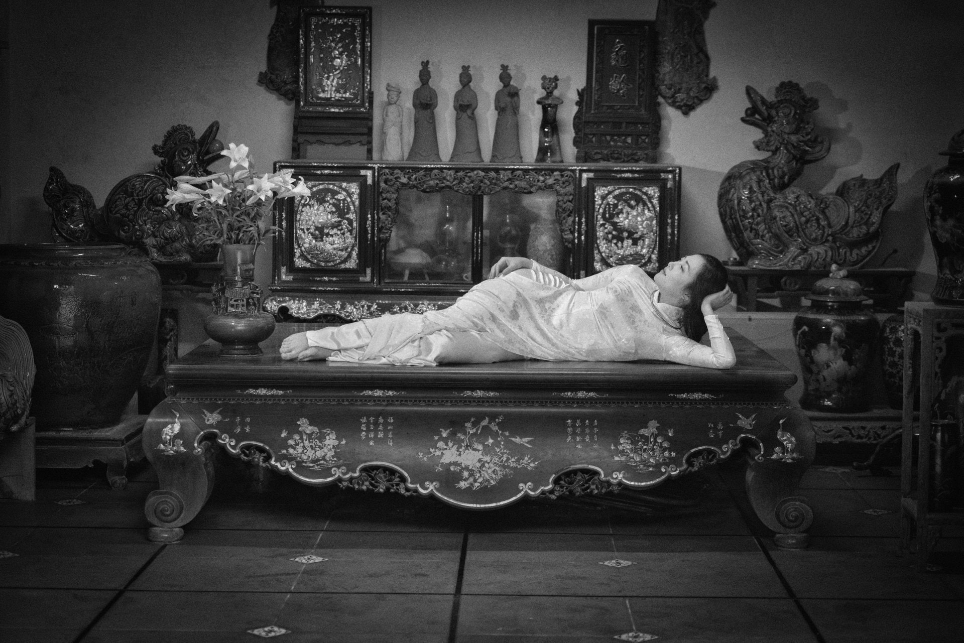 Model, Women, 1080P, Girl, Black and White, Ao Dai, Vietnamese, Asian, HD Wallpaper
