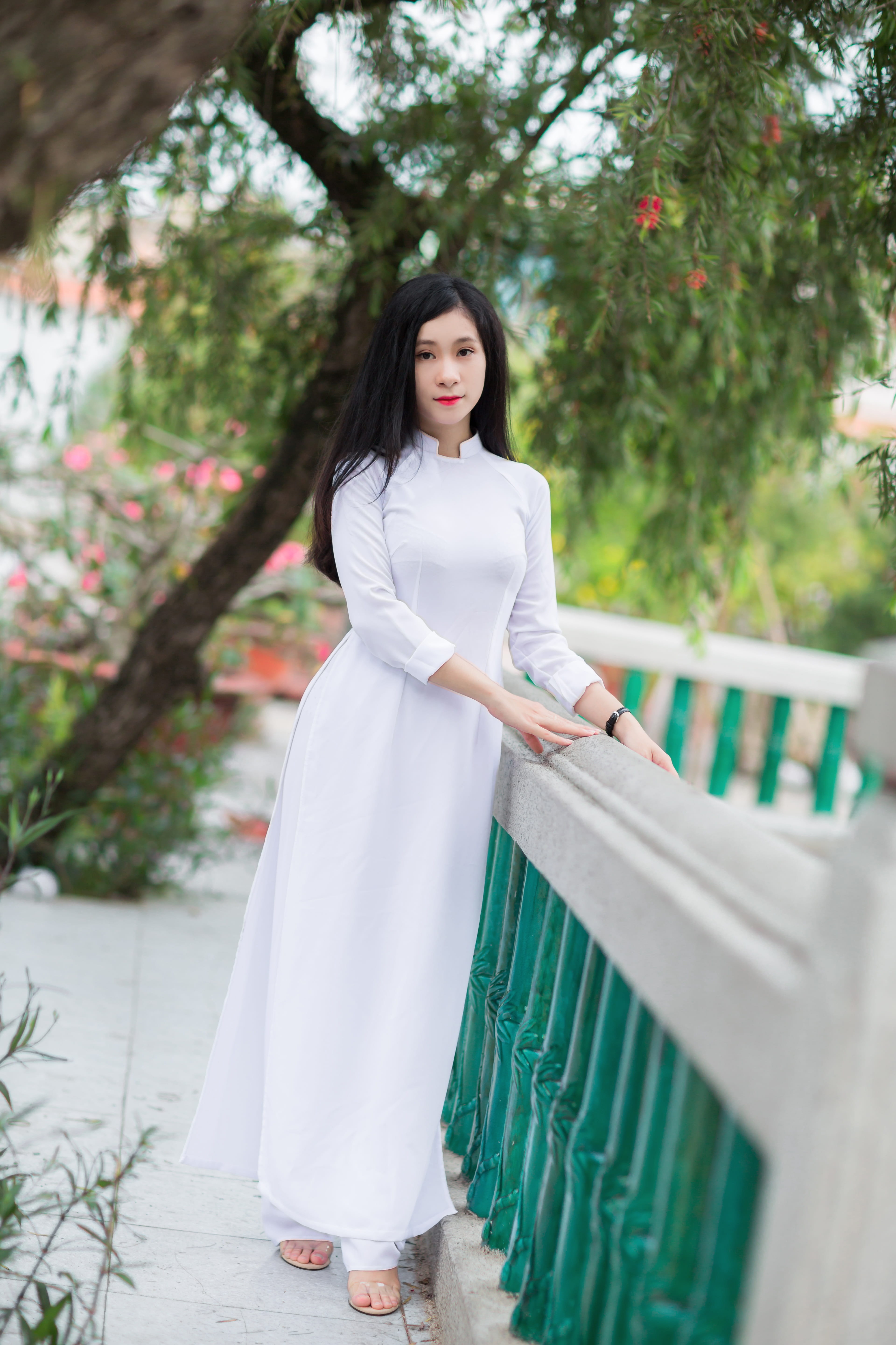 people, adult, beside, lifestyles, gray, hair, beautiful woman, concrete, ao, handrail, sari, tree, green, vietnamese, hairstyle, beauty, floor, looking at camera, Phone HD Wallpaper
