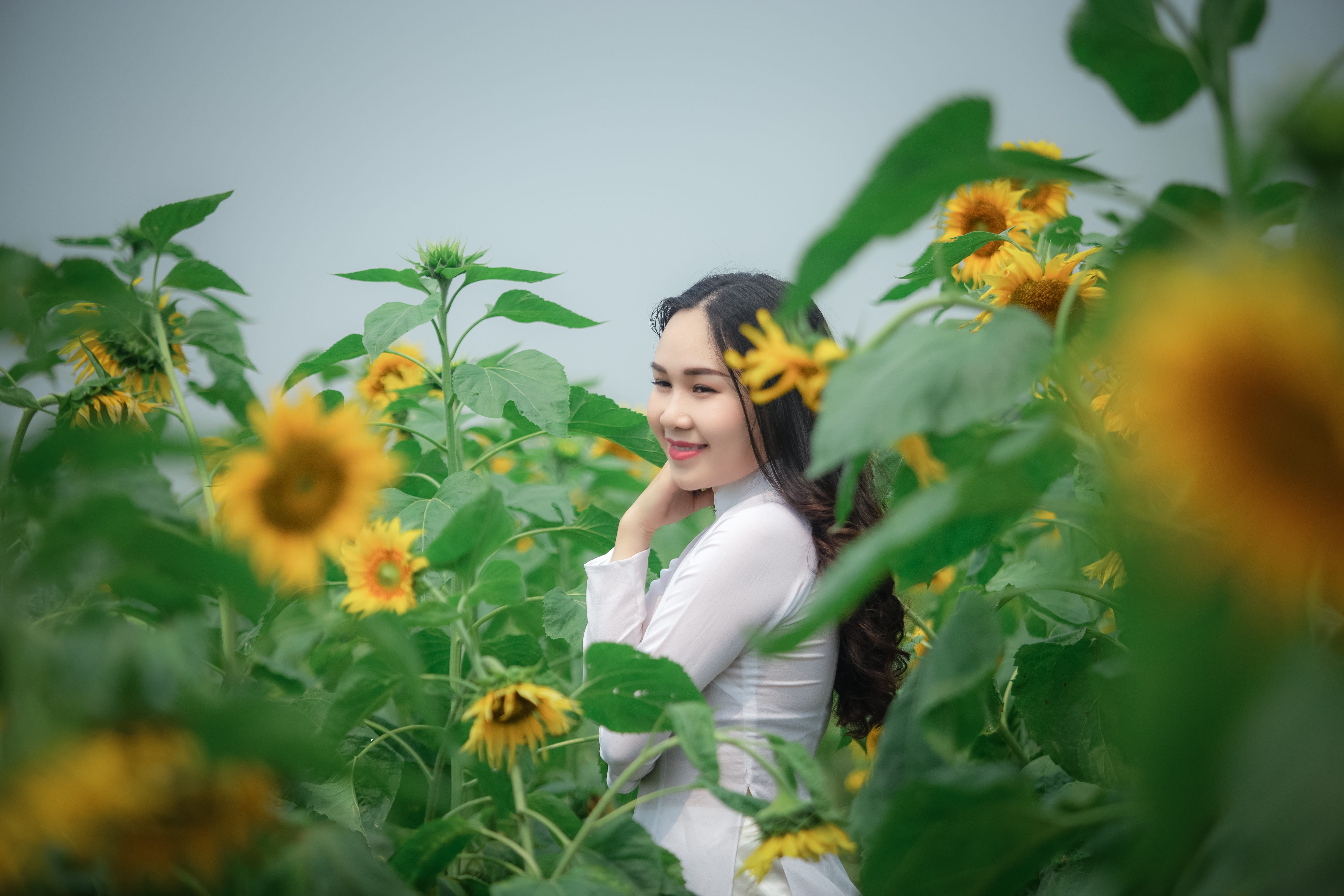 side view, freshness, smiling, one person, flower, outdoors, sleeved, beauty, adult, field, white, beauty in nature, photoshoot, plant, flowers, contemplation, HD Wallpaper