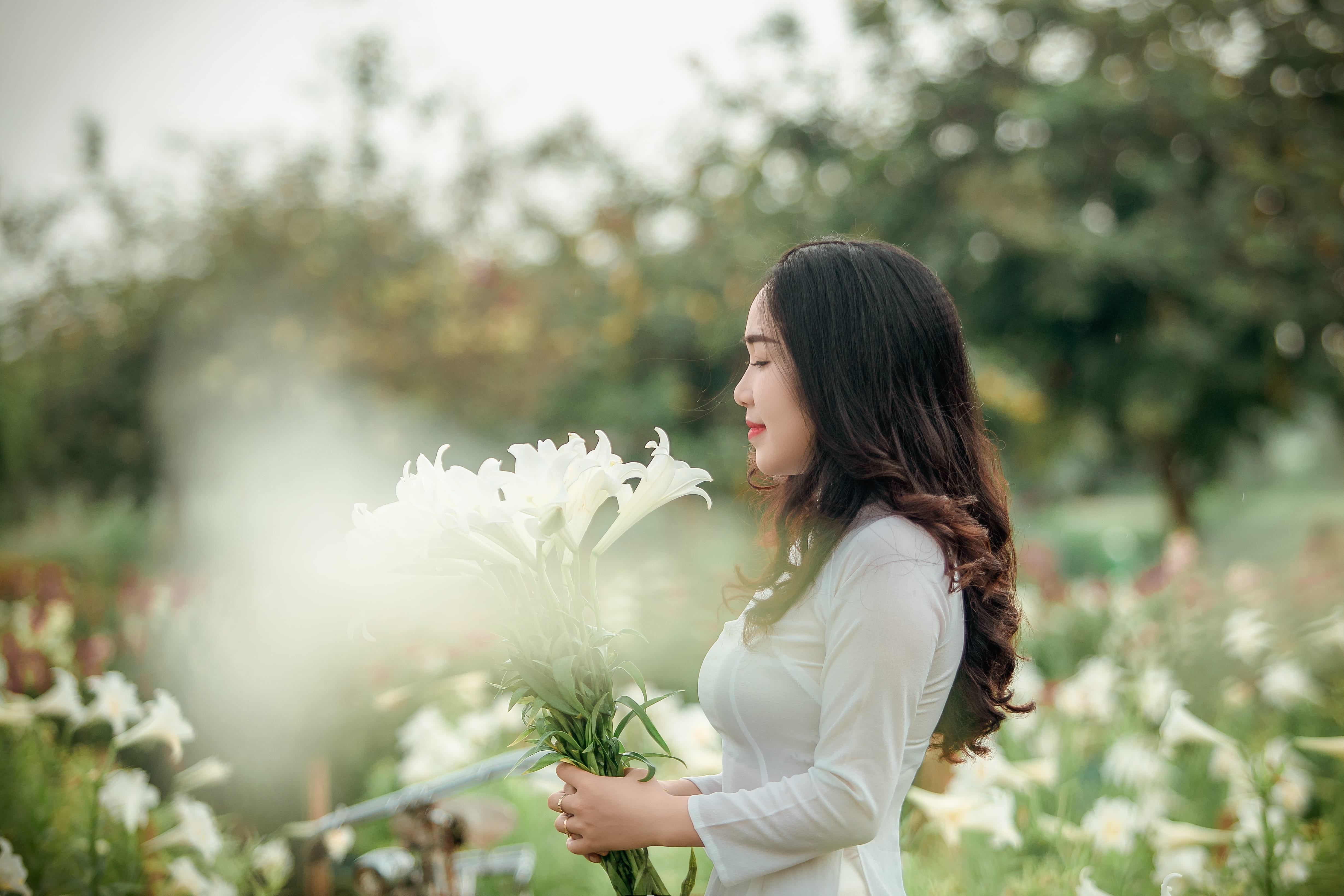 pose, photography, beauty, hairstyle, focus on foreground, holding, side view, bokeh, plant, beautiful woman, focus, photoshoot, wear, woman, flowers, flower bouquet, HD Wallpaper
