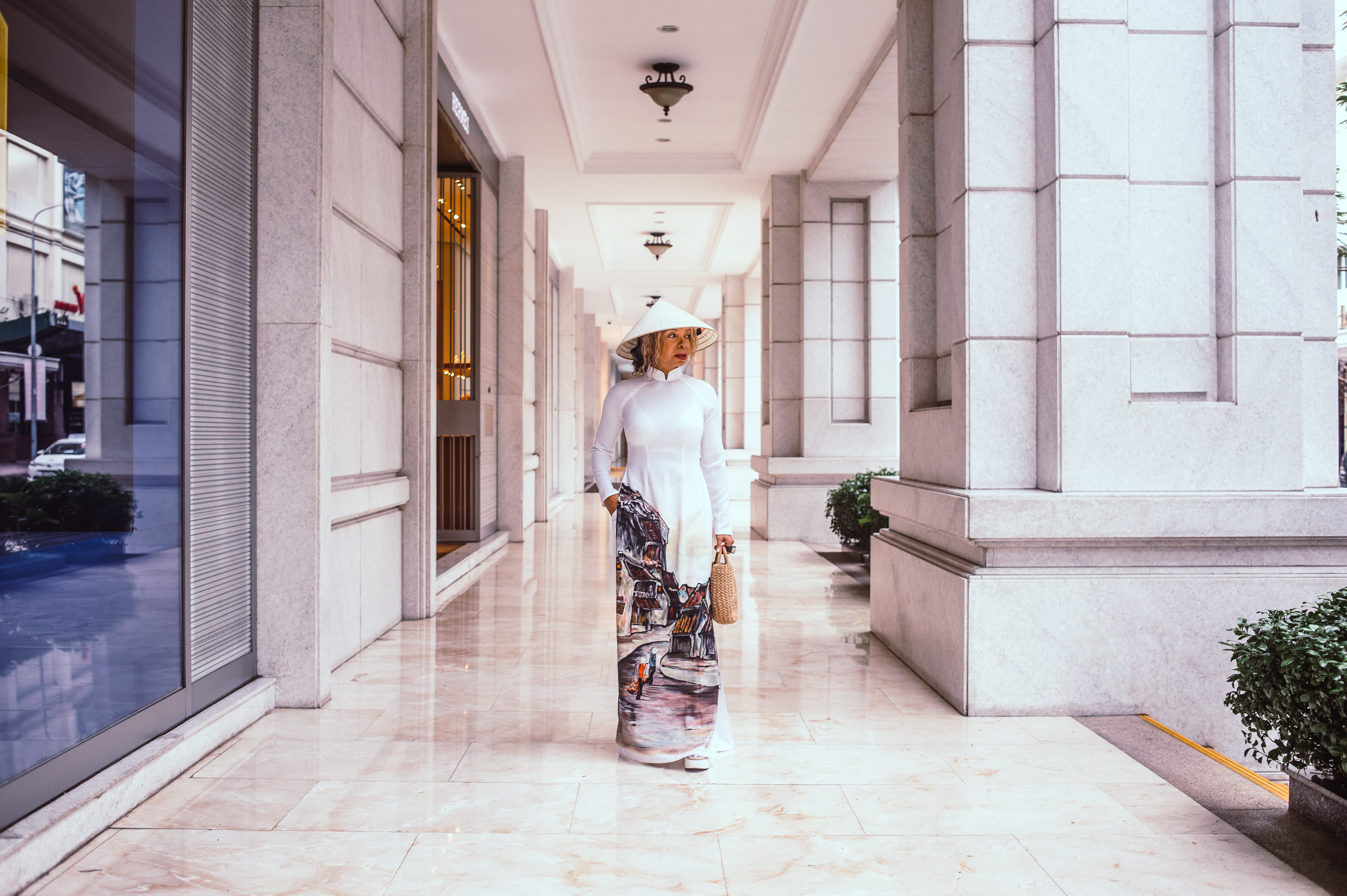 architectural column, adult, casual clothing, dress, built structure, rear view, 4K, young women, day, tiled floor, vietnam, standing, lifestyles, wear, HD Wallpaper