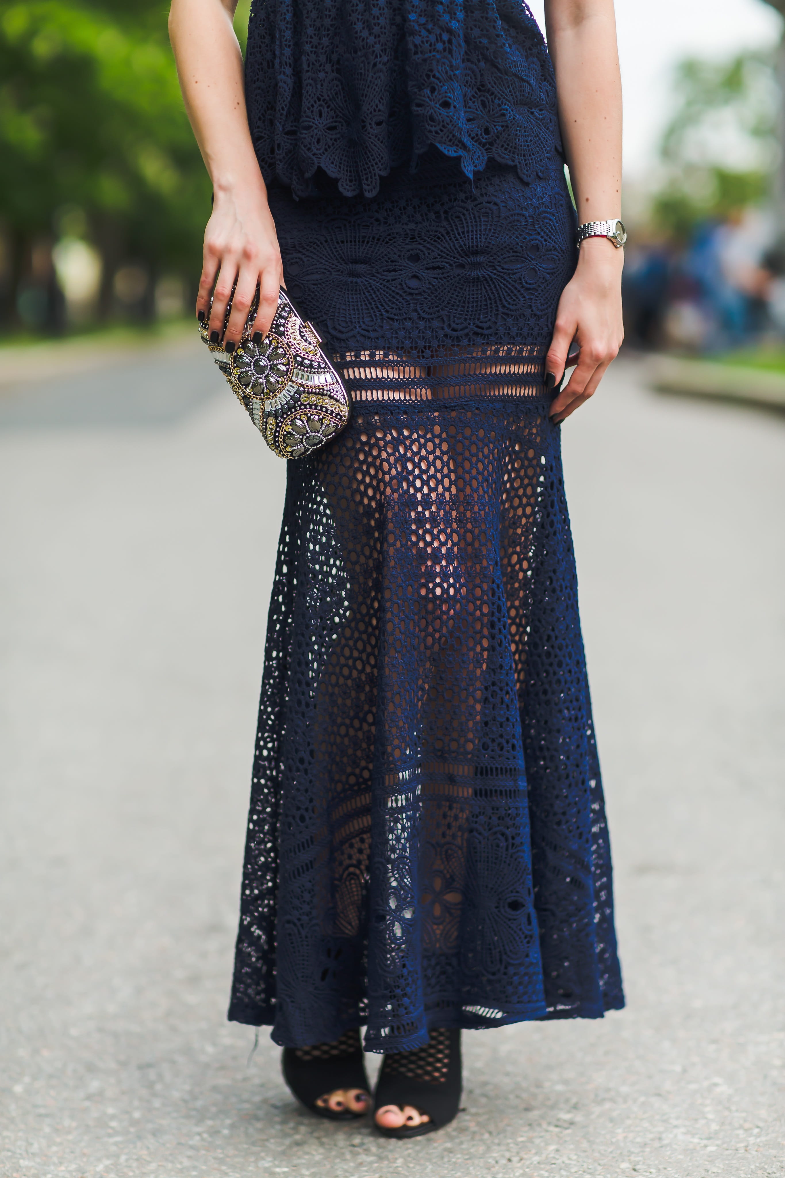 leisure activity, sandal, beauty, handbag, beautiful girl, lifestyles, women, summer, lace, blue, model, dress, stones, maxi skirt, pose, front view, clothing, Phone HD Wallpaper