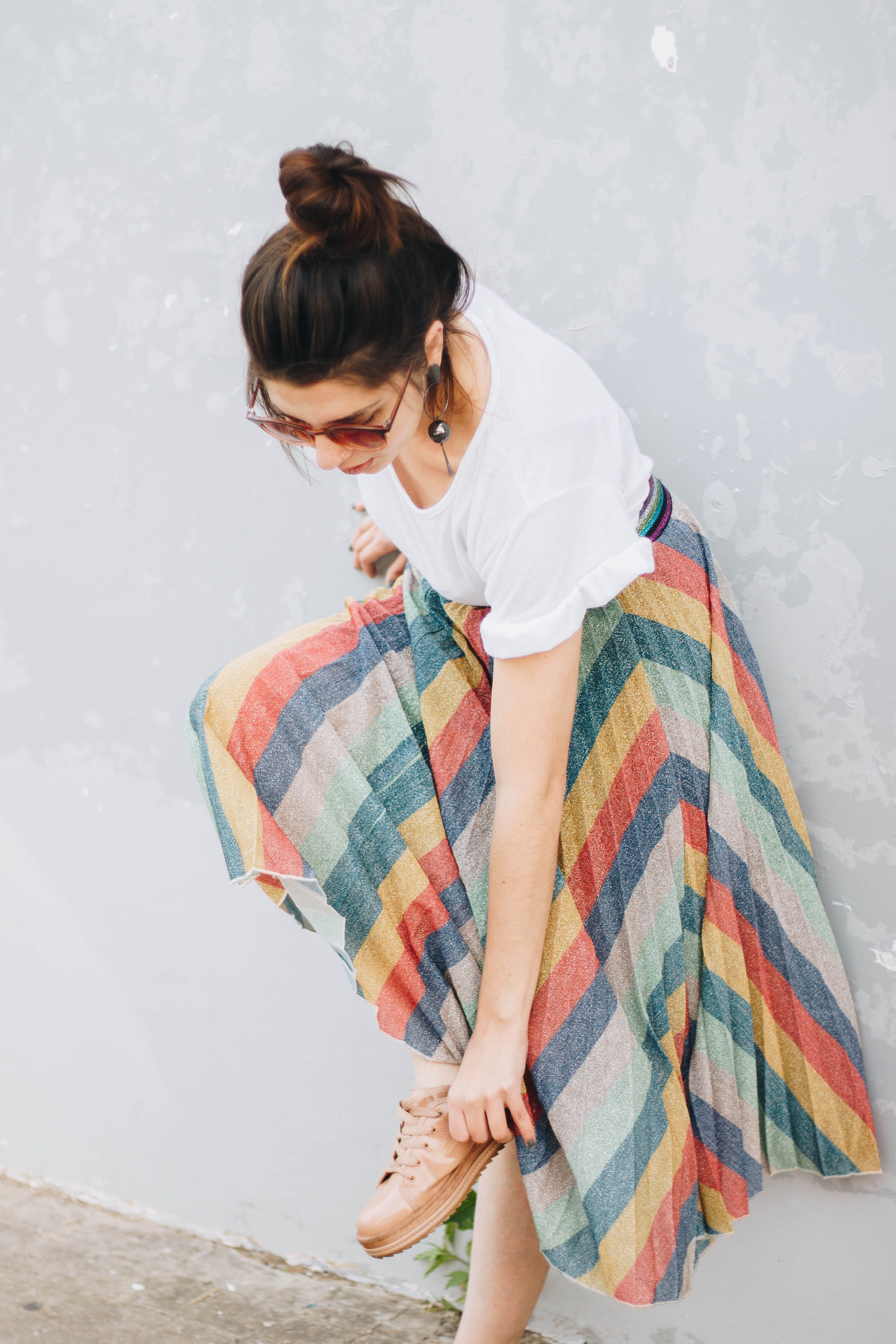 person, yellow, woman, closeup, sneaker, real people, one person, green, white, casual clothing, skirt, fashion, hair up, three quarter length, clothing, Phone HD Wallpaper