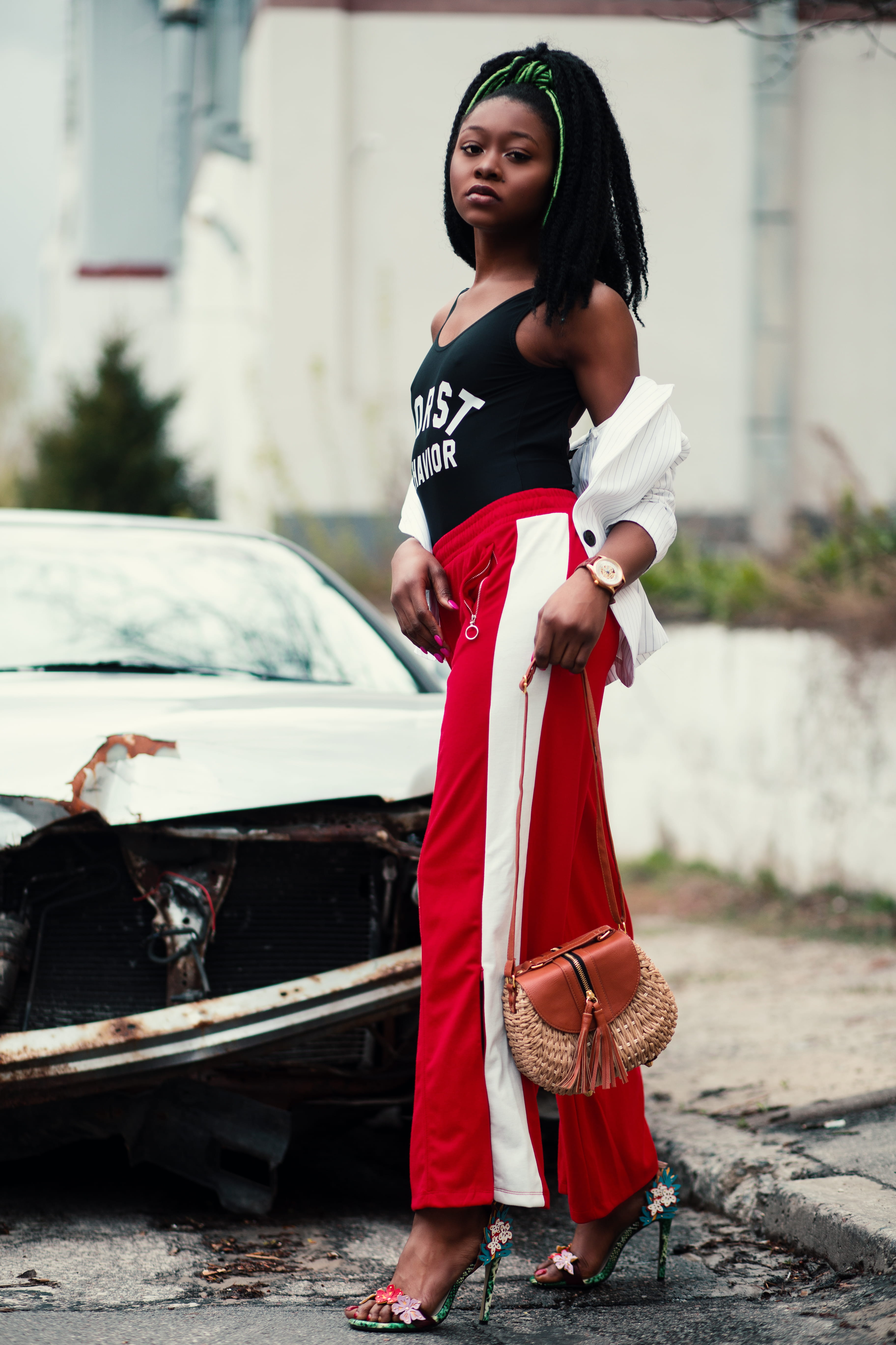 style, young adult, broken, rustic, bag, pretty, standing, outdoors, adult, red, car, beautiful woman, building exterior, focus on foreground, street, beauty model, Phone HD Wallpaper