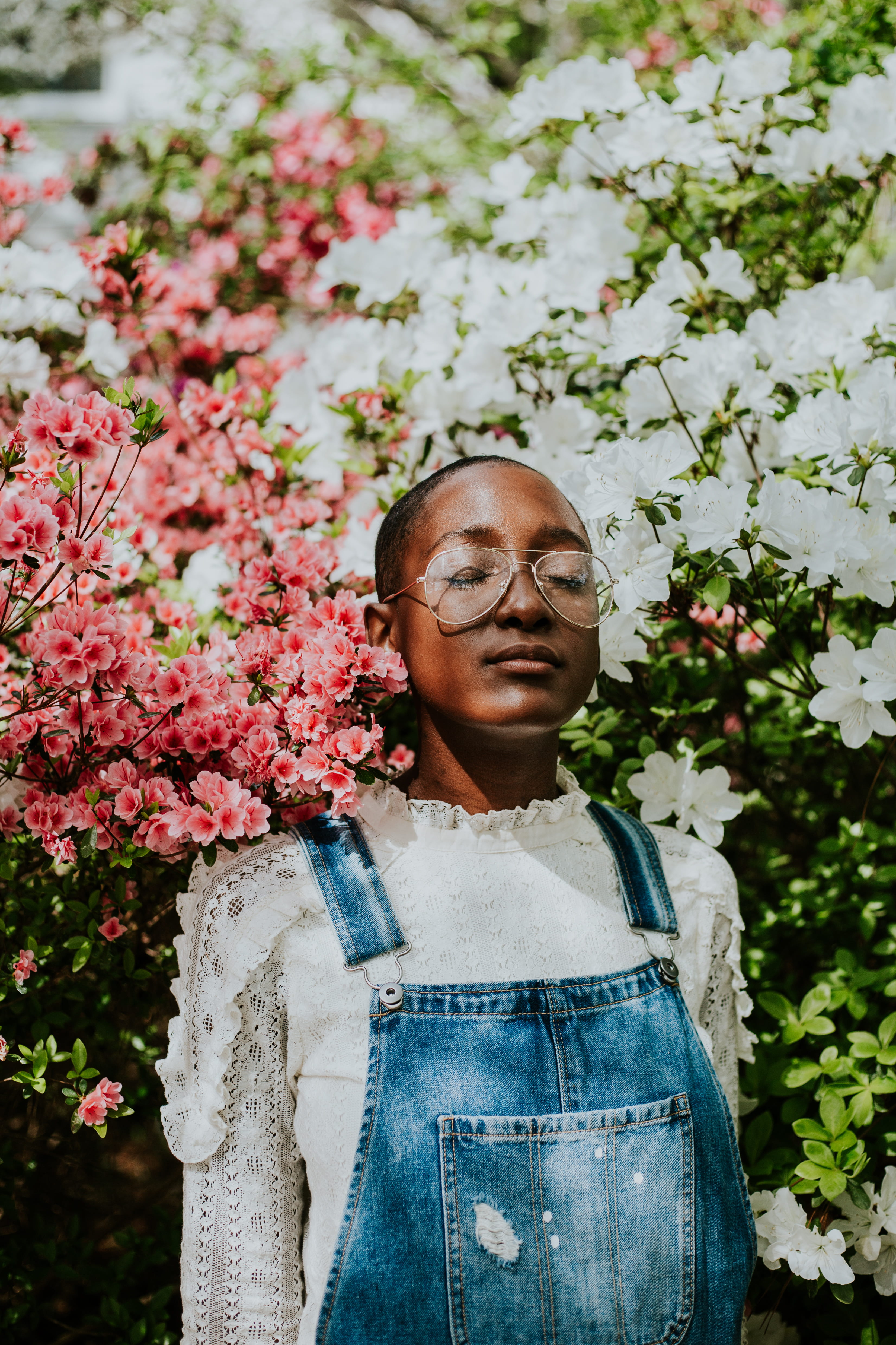 glasses, bush, one person, face, spring, sleep, woman, white, fragility, growth, model, waist up, young adult, portrait, standing, focus on foreground, Phone HD Wallpaper