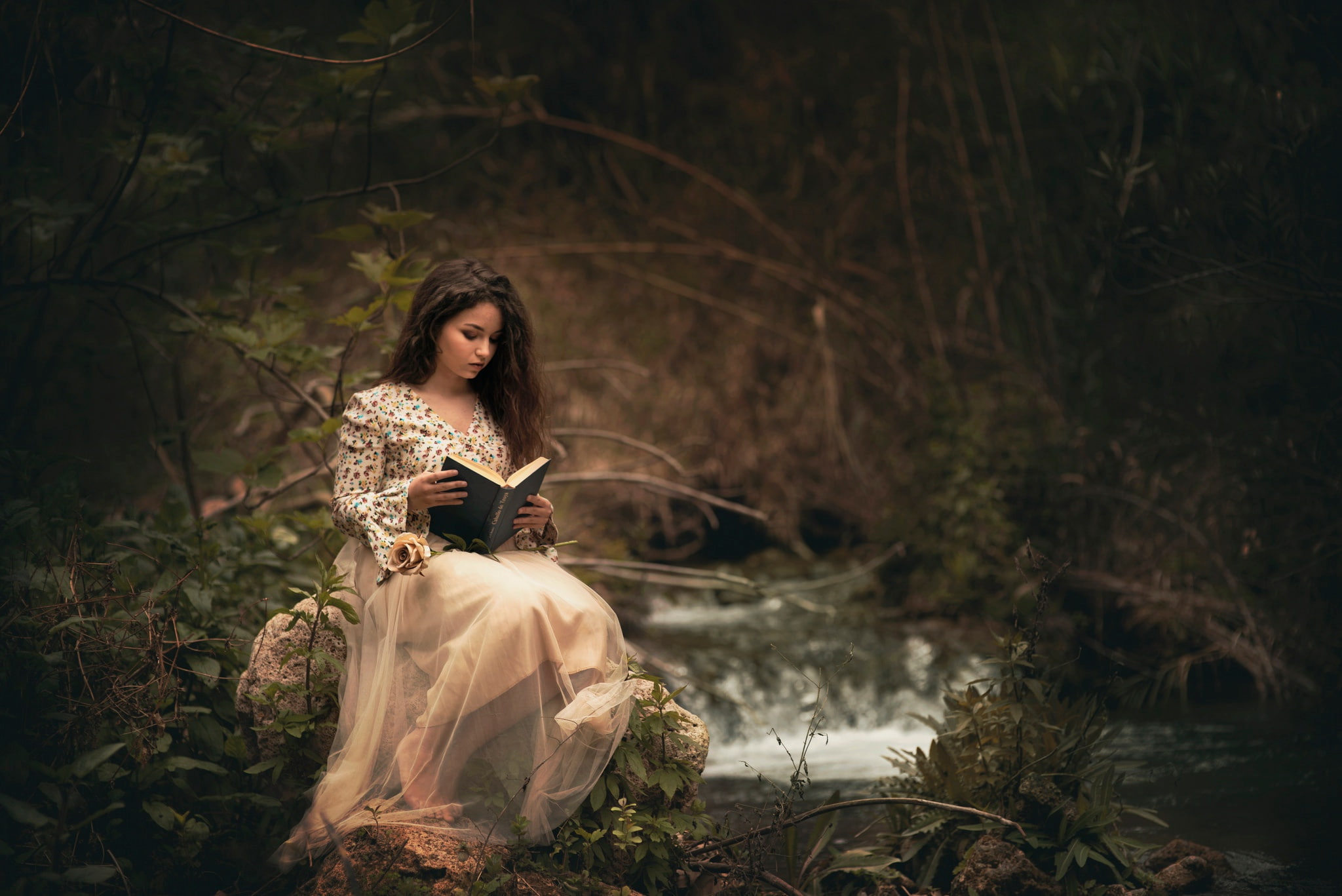 book, reading, Carmen Gabaldon, girl, forest, 1080P, HD Wallpaper
