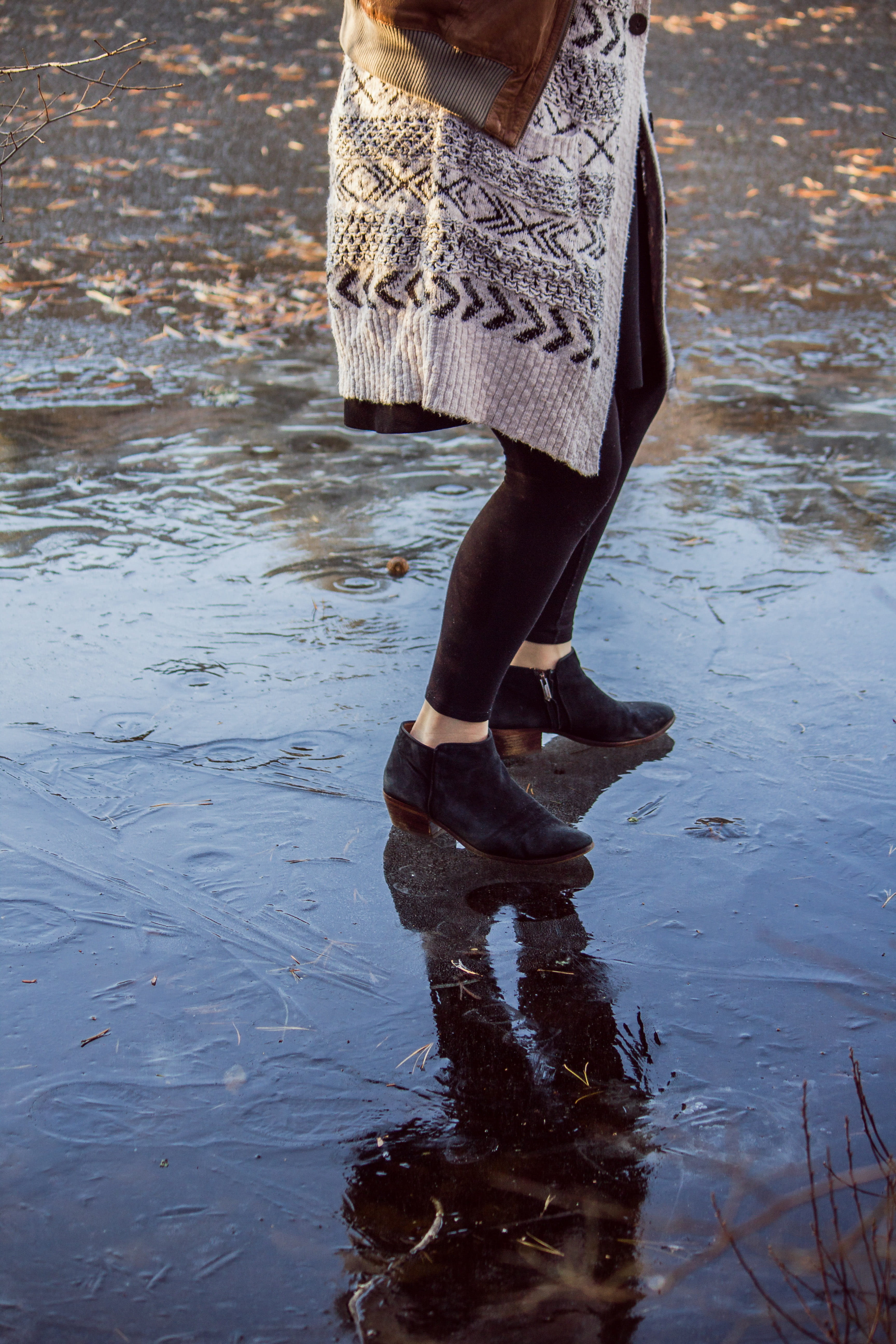 dress, day, footwear, human, female, cowboy boot, path, mud, clothing, ankle, reflection, wearing, walking, walkway, outdoors, sweater, leisure activity, Phone HD Wallpaper