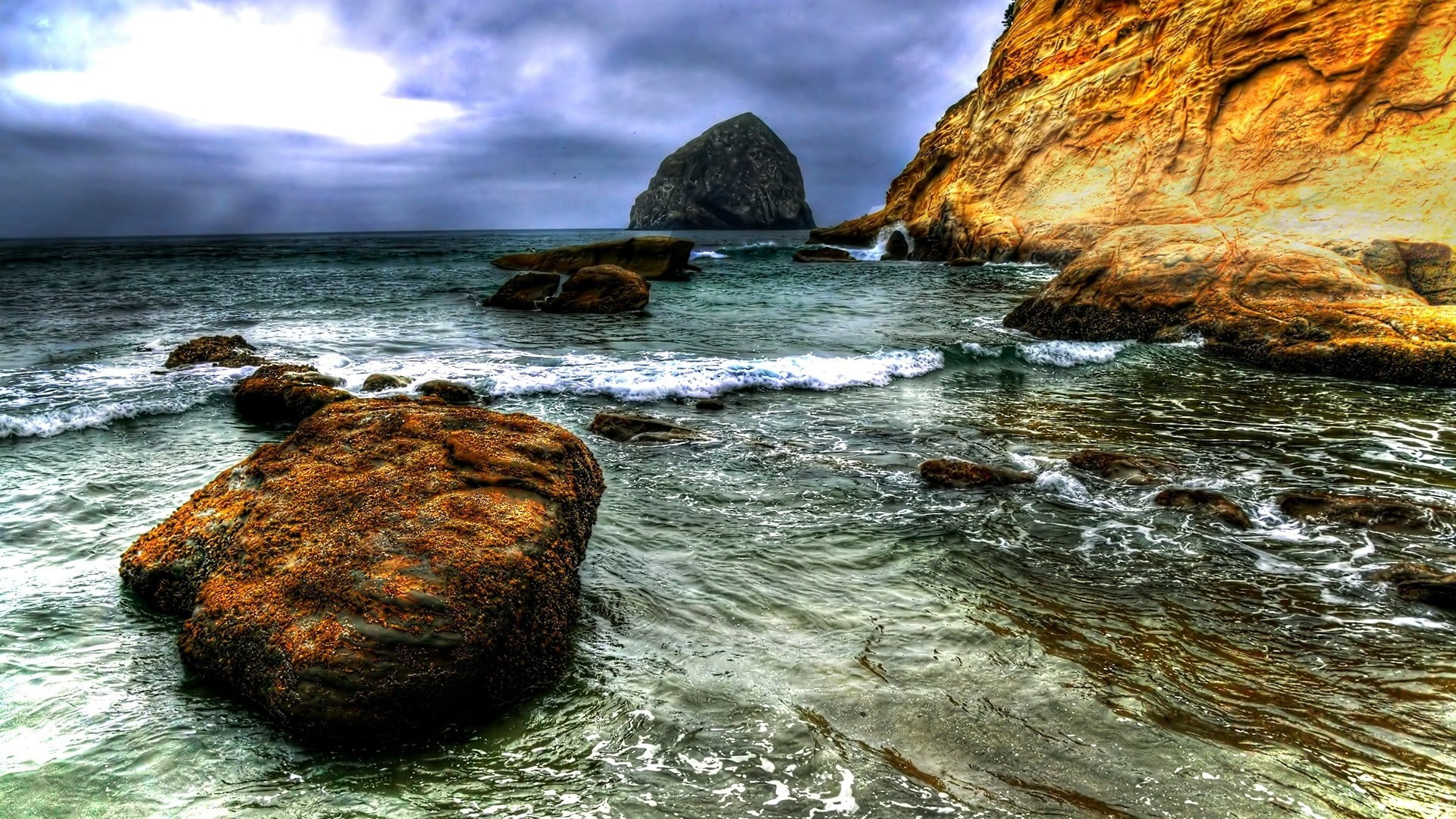 outdoors, beach, aquatic sport, Silt, land, solid, Water, no people, flowing, Sky, power in nature, Stone, rocky coastline, stack rock, cloud - sky, day, HD Wallpaper