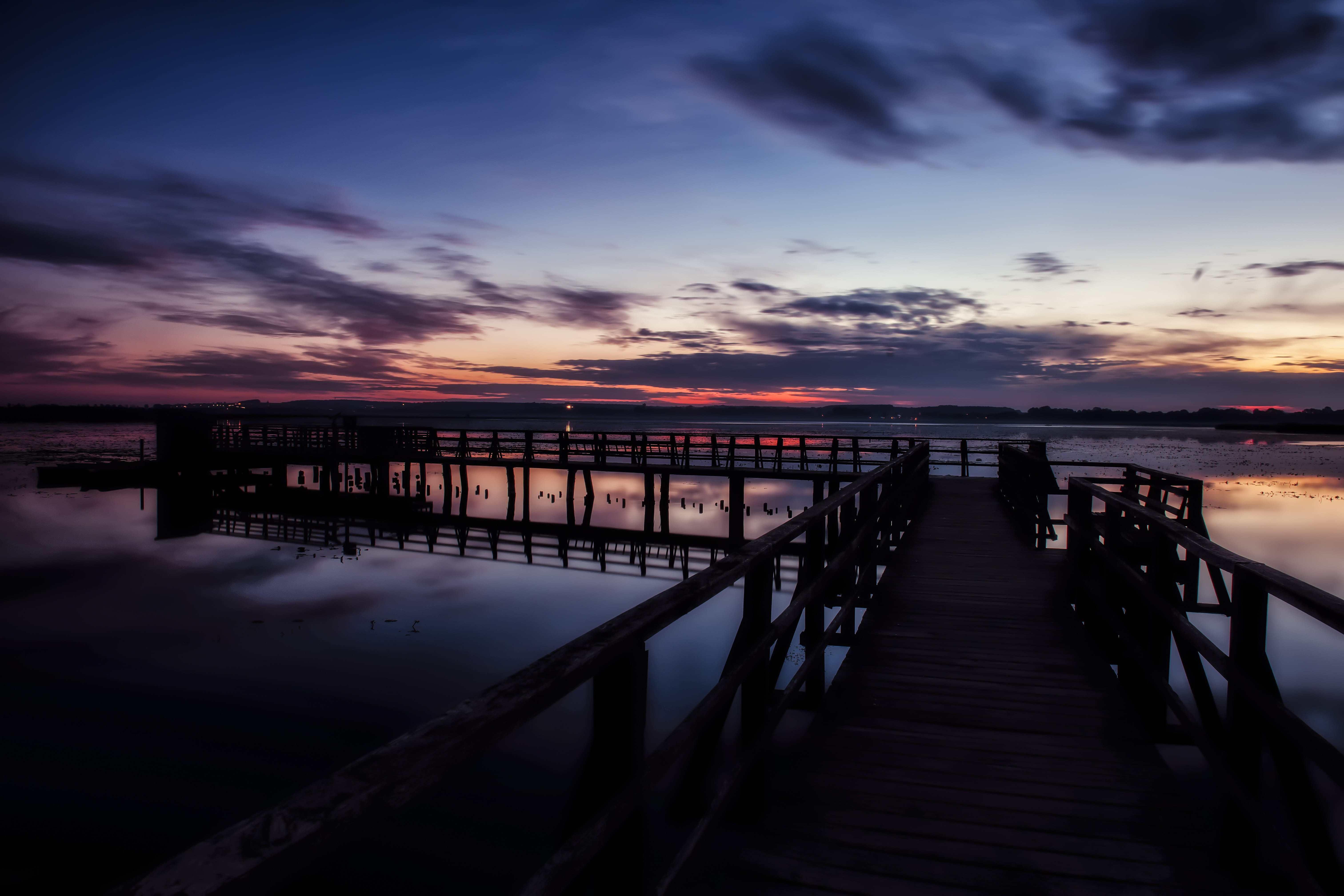 mood, cloud - sky, sunrise, southern germany, wood - material, built structure, bridge, dock, nature, sea, body, bridge - man made structure, direction, HD Wallpaper