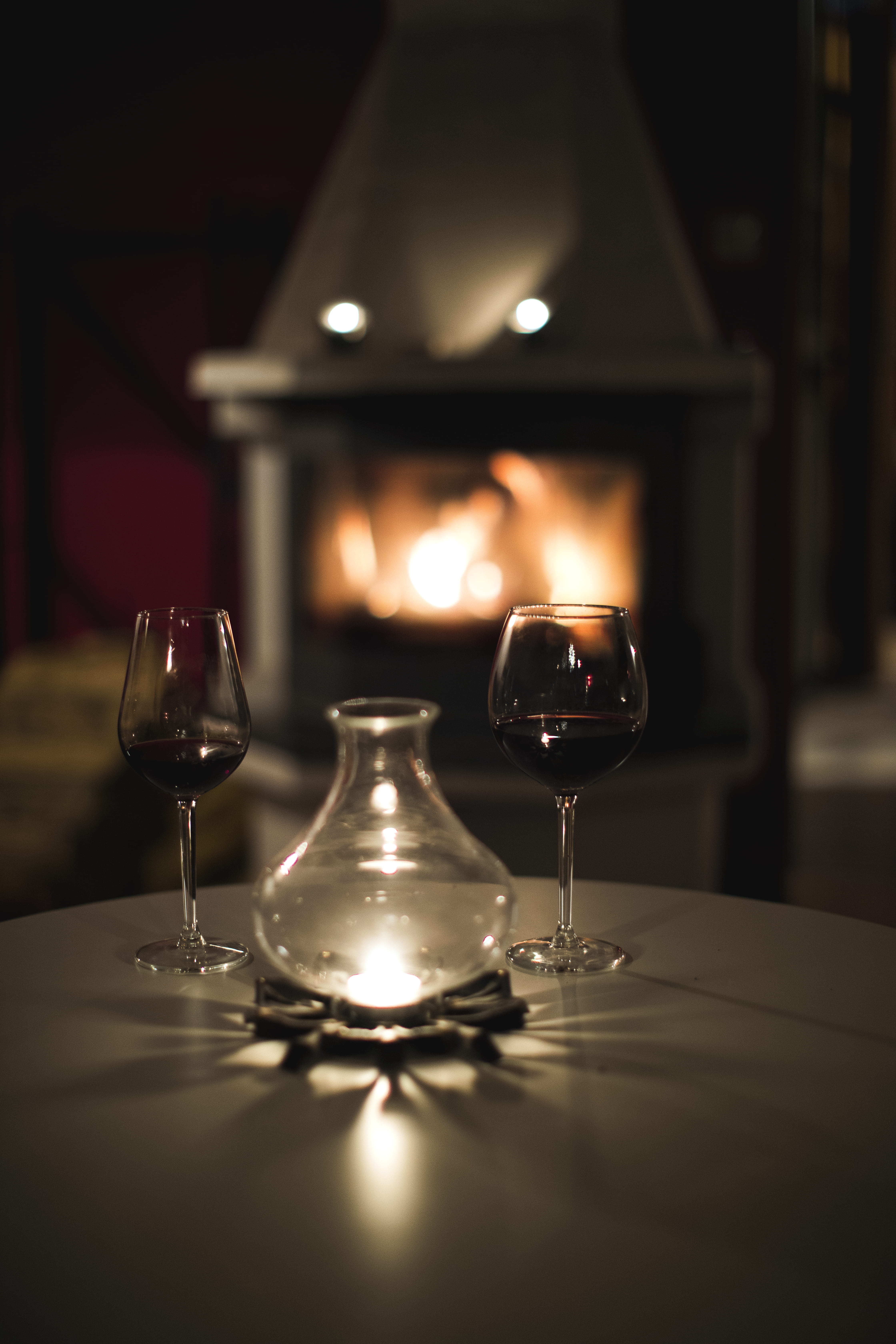 illuminated, food and drink, burning, still life, red wine, bottle, clear, two, no people, lighting equipment, cosy, refreshment, indoors, table, candle, Phone HD Wallpaper